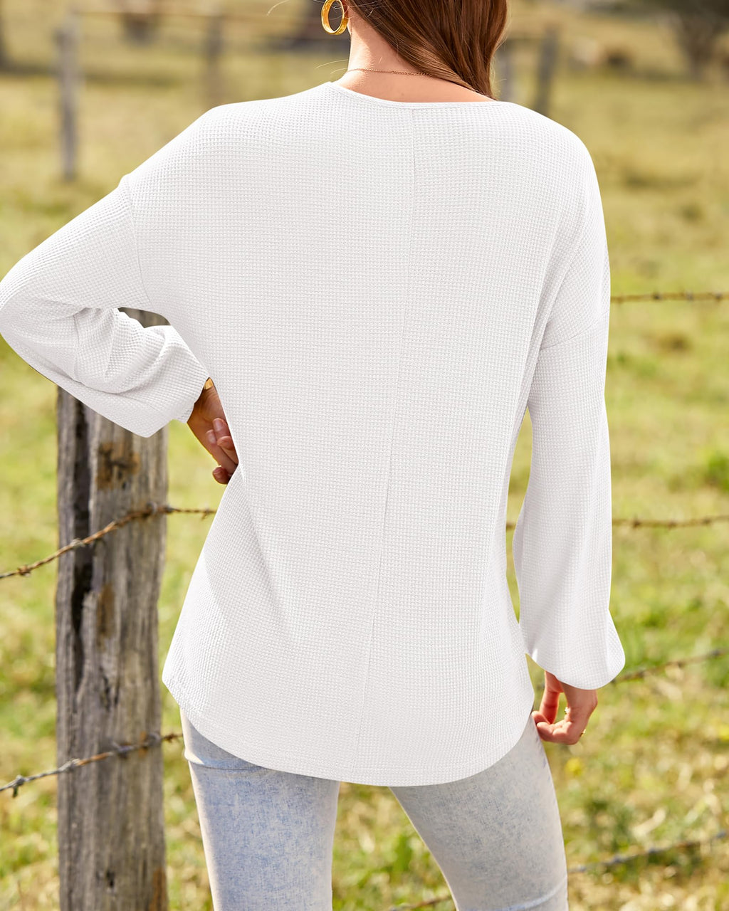 FreshPretty Womens Fall Fashion Long Sleeve Shirts Spring V Neck Loose Casual Deco Button Lightweight Waffle Knit Tops