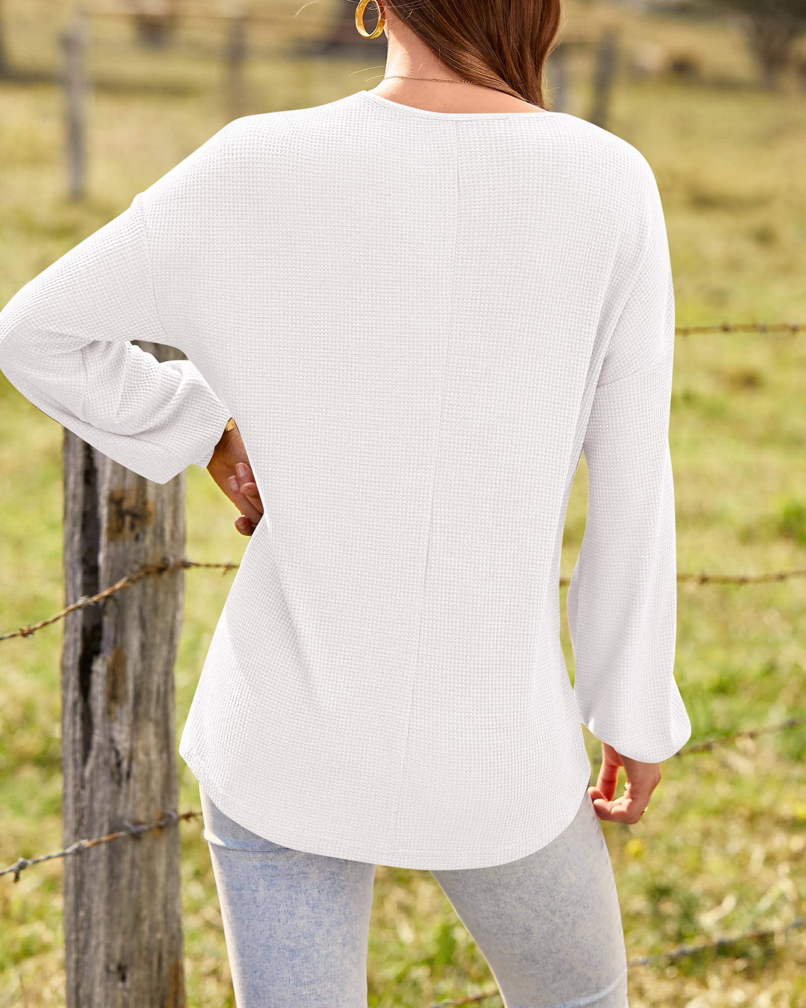 FreshPretty Womens Fall Fashion Long Sleeve Shirts Spring V Neck Loose Casual Deco Button Lightweight Waffle Knit Tops