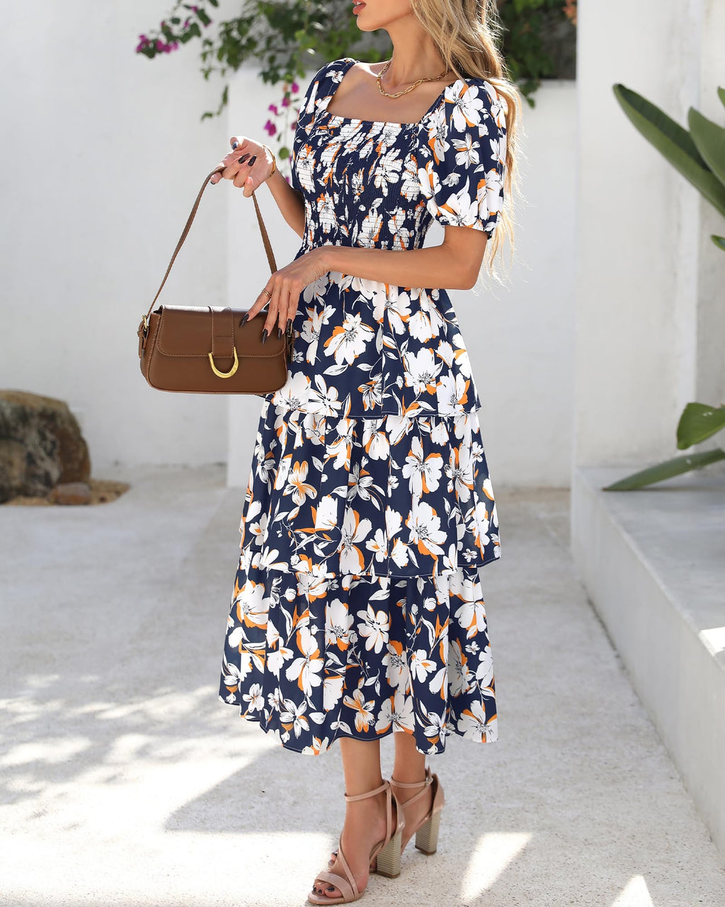 BTFBM Womens Square Neck Smocked Dress Summer Puff Short Sleeve Floral Casual Ruffle Tiered Maxi Wedding Guest Dresses