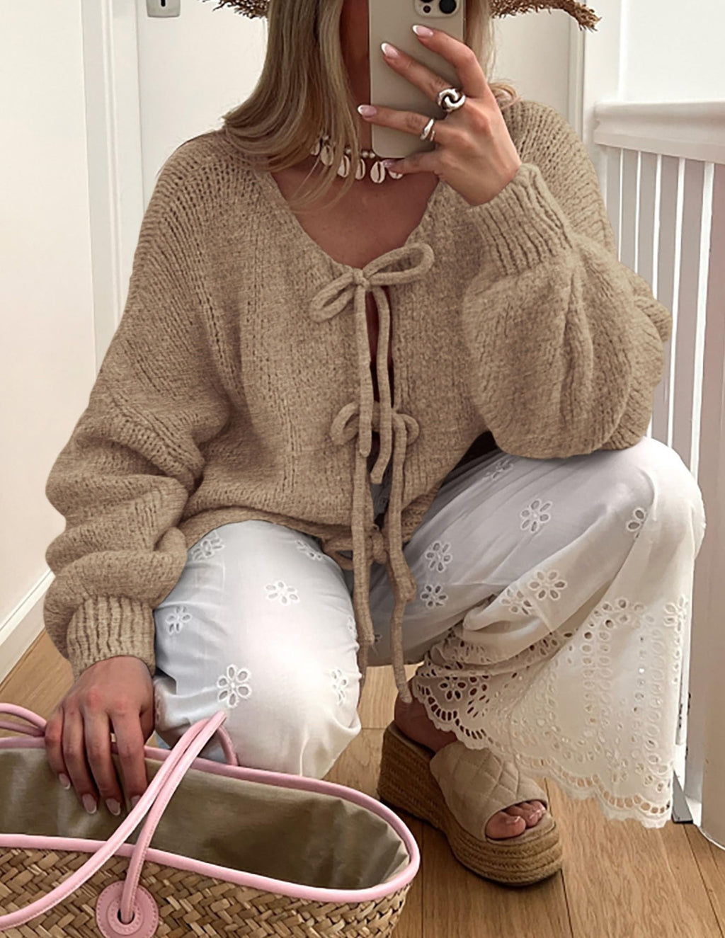 PRETTYGARDEN Women's Tie Front Bow Cardigan Sweaters Chunky Knit Long Puff Sleeve Trendy Fall Winter Jacket Coat