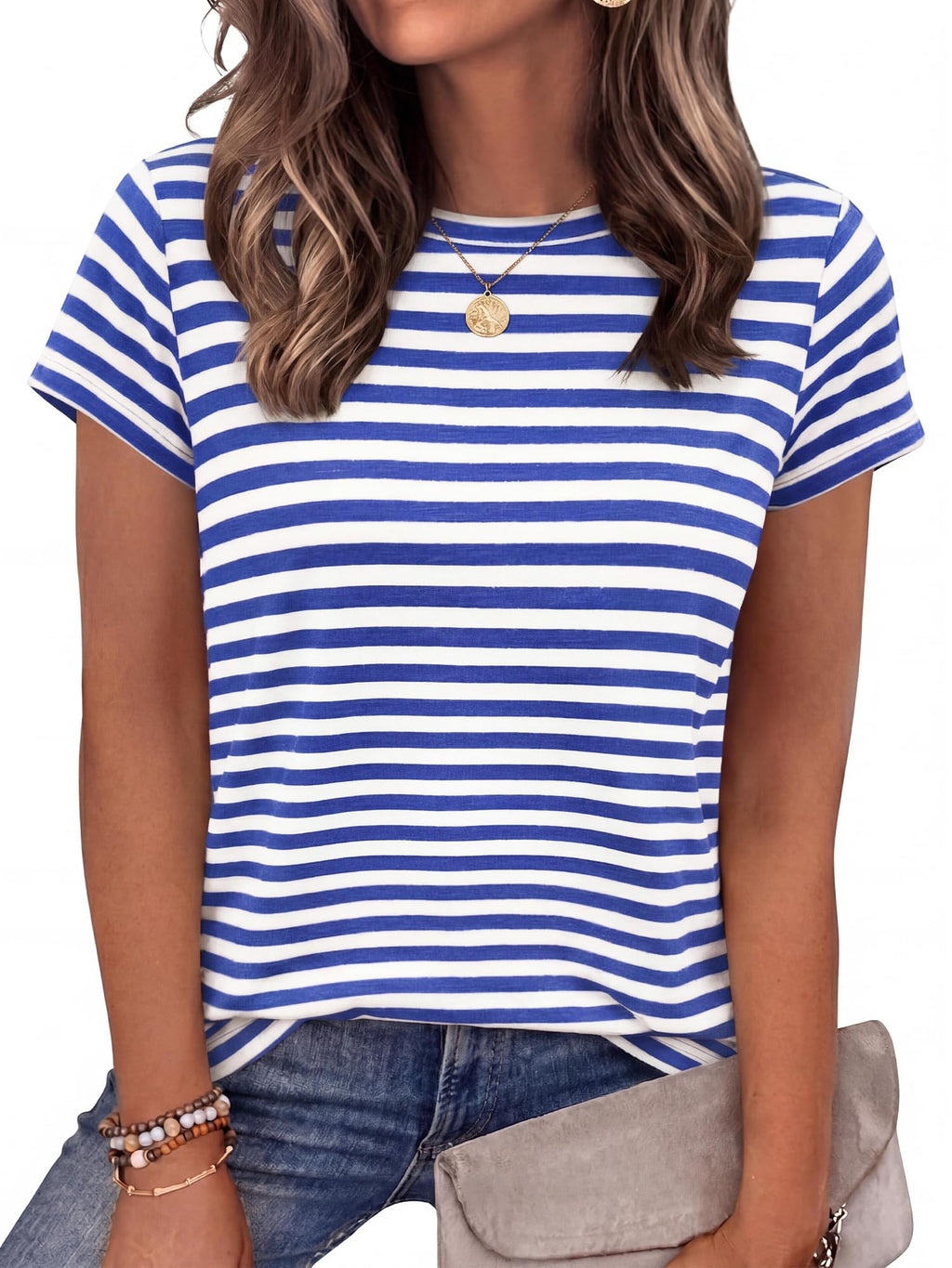 BTFBM Tops for Women Trendy Summer Crew Neck Short Sleeve T Shirts Striped Casual Vacation Blouse Basic Tee