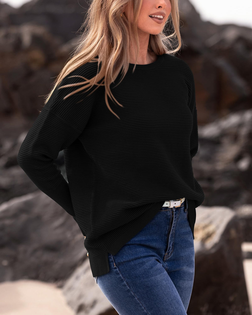 FreshPrettyFall Sweaters for Women Casual Long Sleeve Sweater Striped Loose Fit Pullover Tops