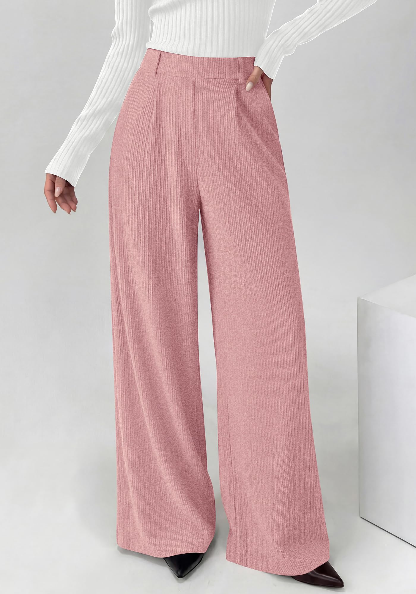 BTFBM Wide Leg Pants for Women Dressy Work Business Casual Elastic High Waisted Trousers Ribbed Lounge Palazzo Pants