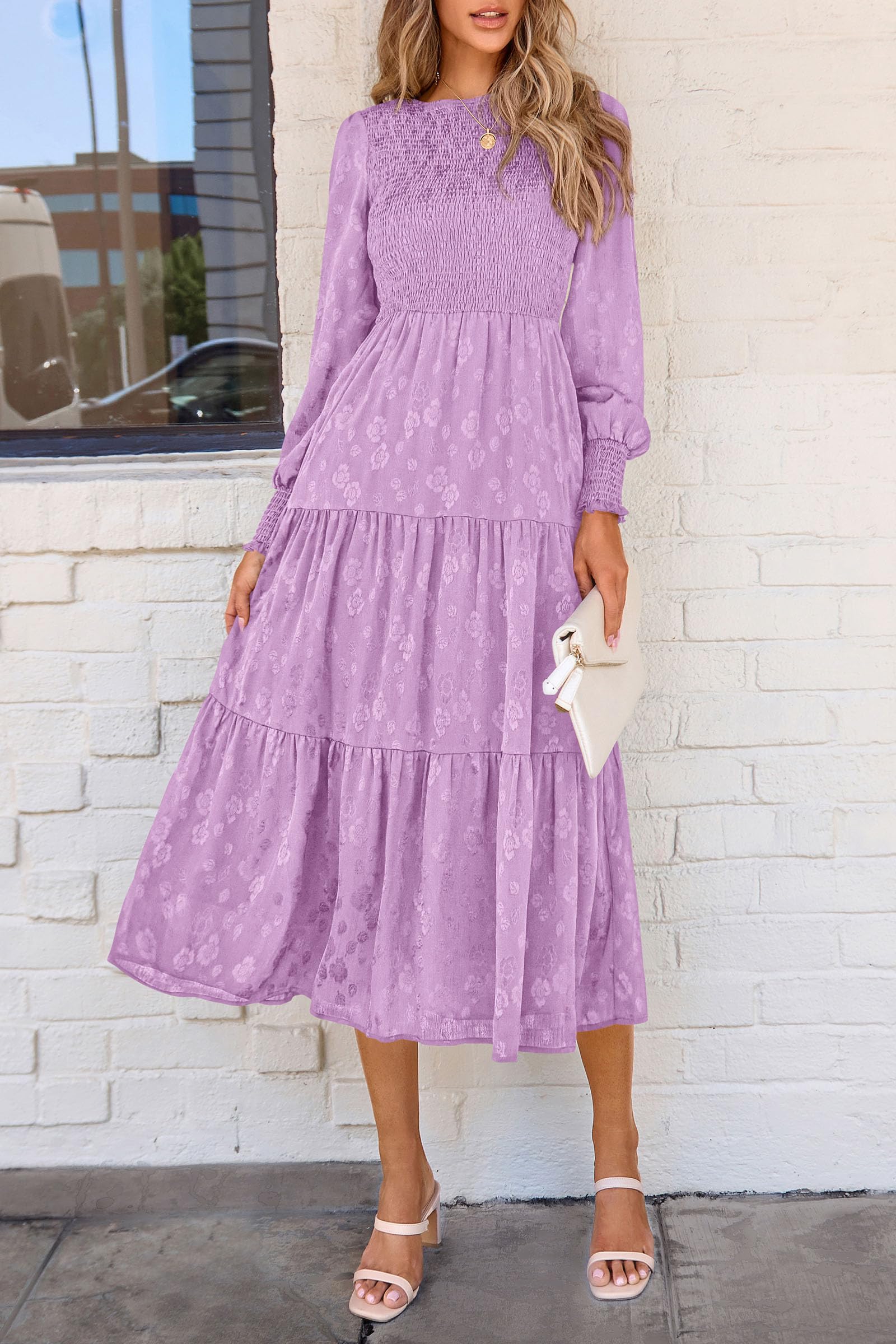 PRETTYGARDEN Women's Fall Spring Midi Dress Long Sleeve Floral Smocked Elegant Wedding Guest Long Flowy Dresses with Pockets