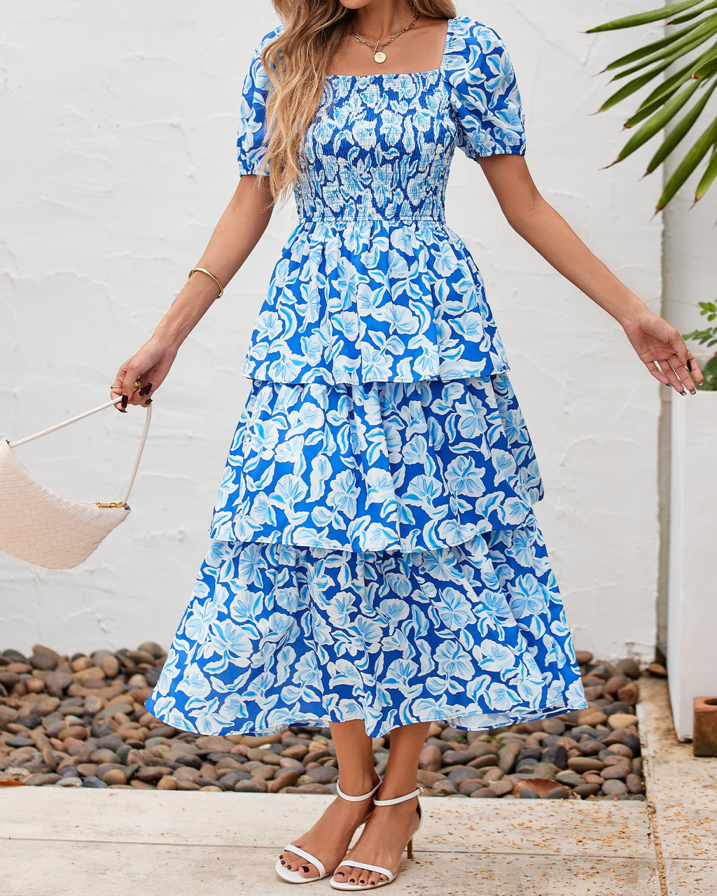 BTFBM Womens Square Neck Smocked Dress Summer Puff Short Sleeve Floral Casual Ruffle Tiered Maxi Wedding Guest Dresses