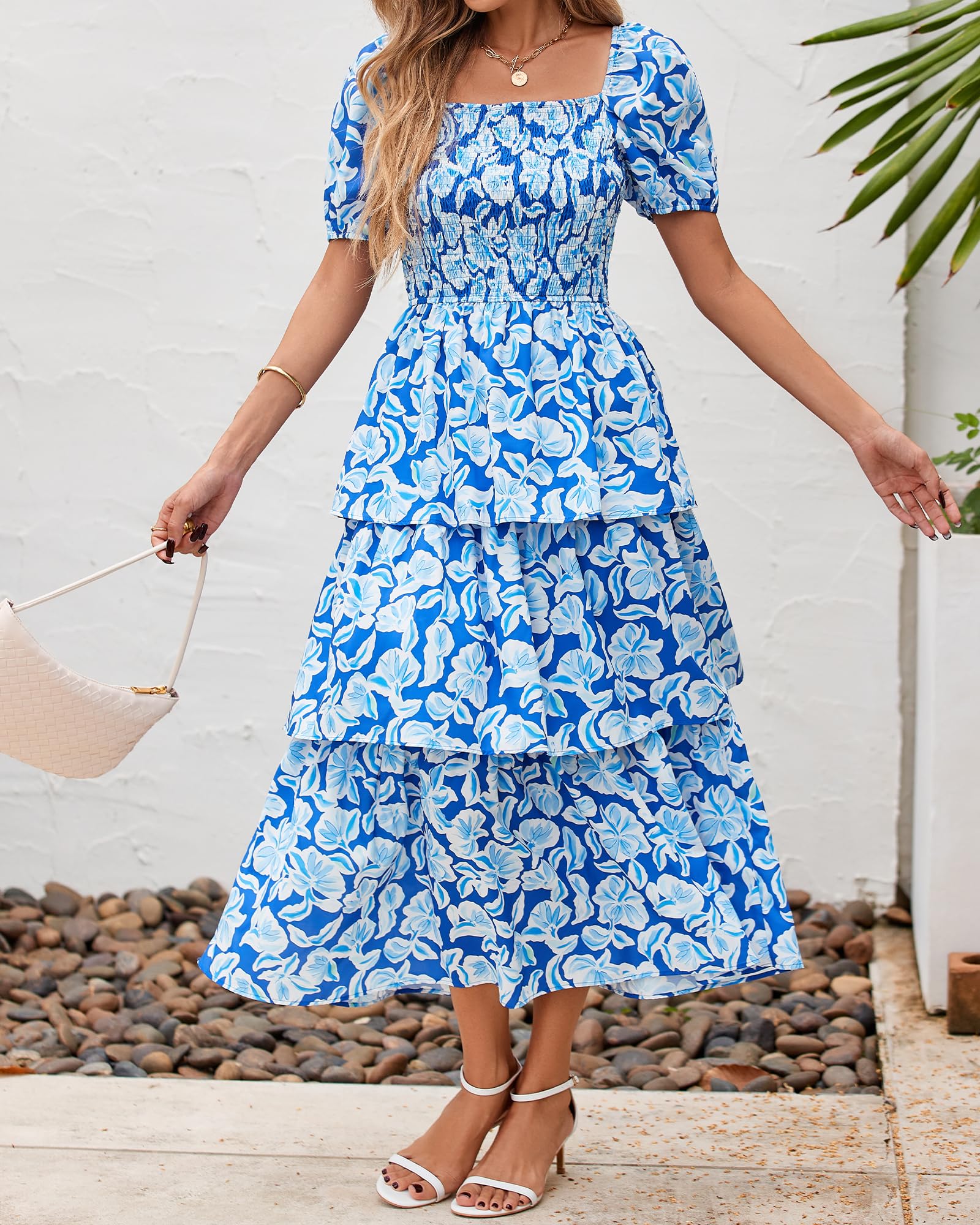 BTFBM Womens Square Neck Smocked Dress Summer Puff Short Sleeve Floral Casual Ruffle Tiered Maxi Wedding Guest Dresses