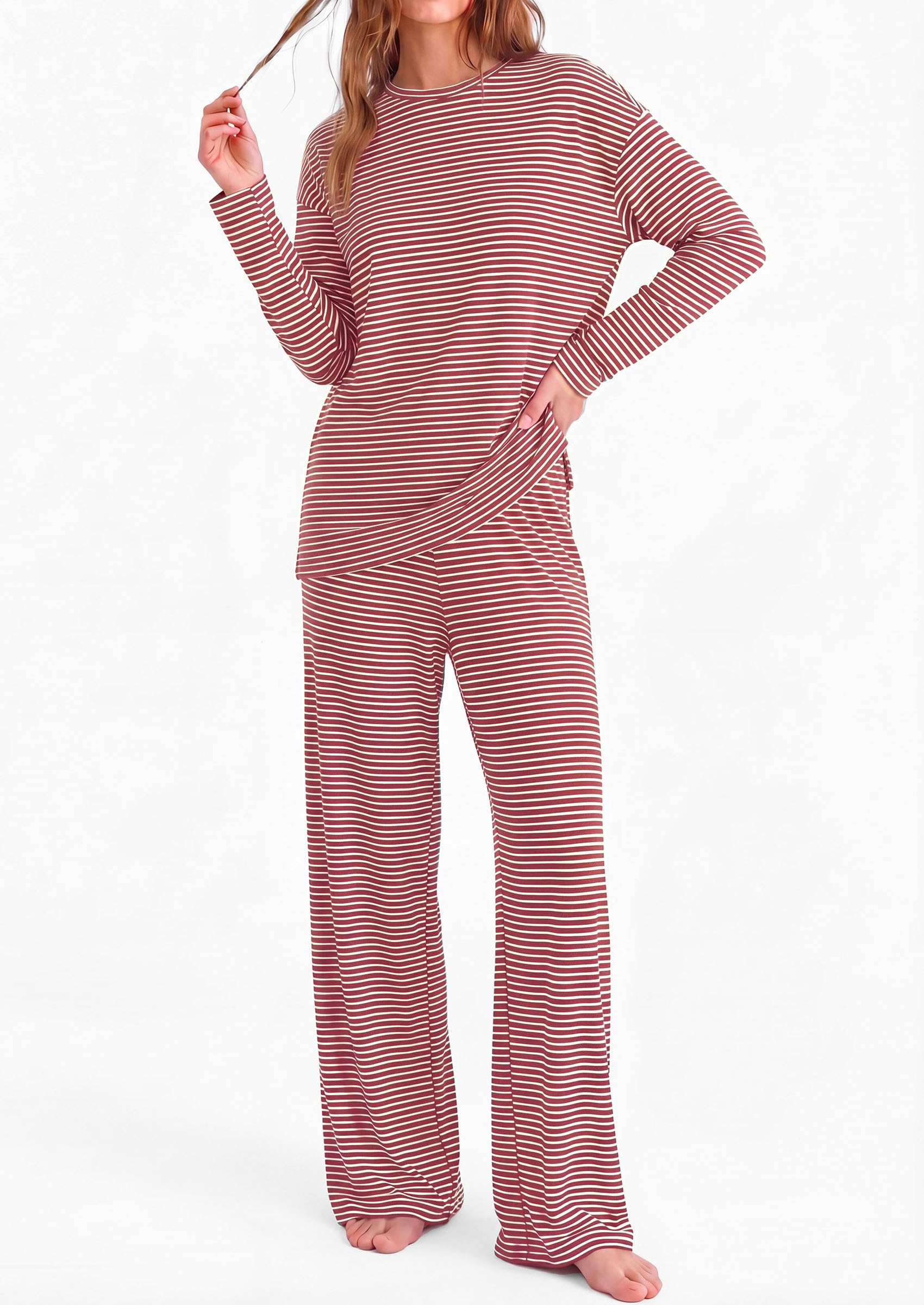 PRETTYGARDEN Womens Striped Lounge Set Fall Winter 2 Piece Sets Side Slit Long Sleeve T-Shirts & Wide Leg Pants, Matching Pajama Sets, Comfy Pj Set, Loungewear with Pockets, Fashion Clothes