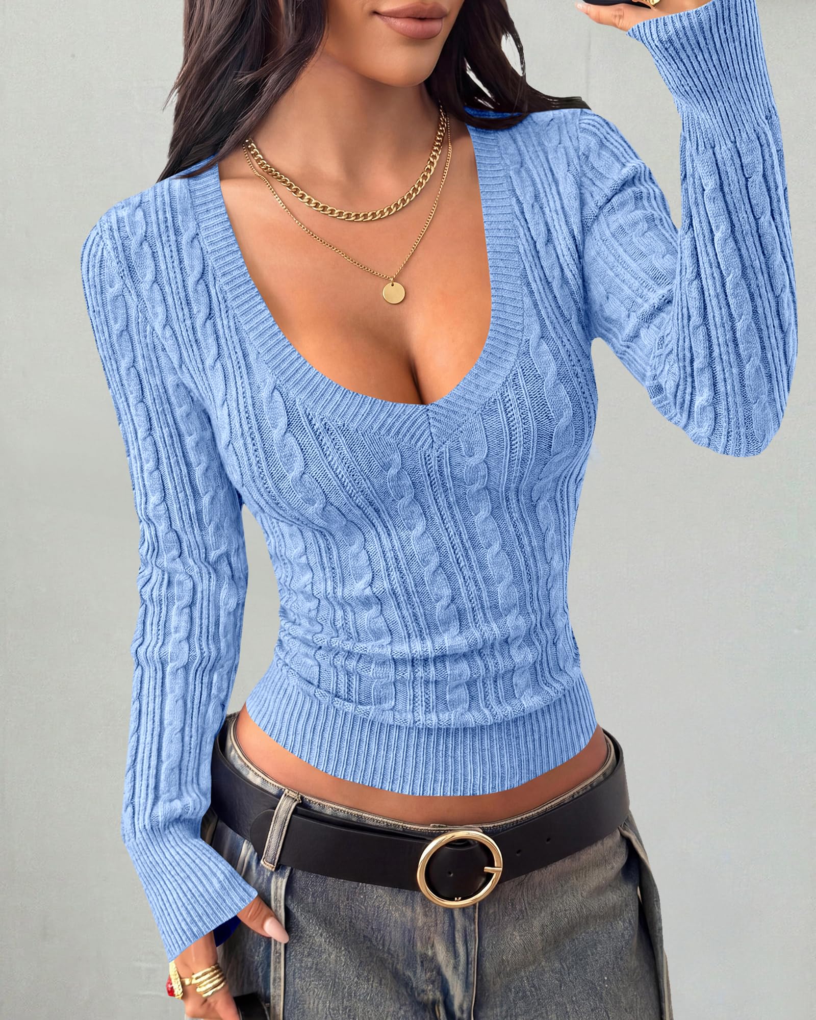 BTFBM Womens Sweaters Cable Knit V Neck Long Sleeve Tops | Lightweight Ribbed Fitted Pullover,Y2K Going Out Top,Basic Tunic Daily Wear Fall,Dressy Work Business Casual Outfits