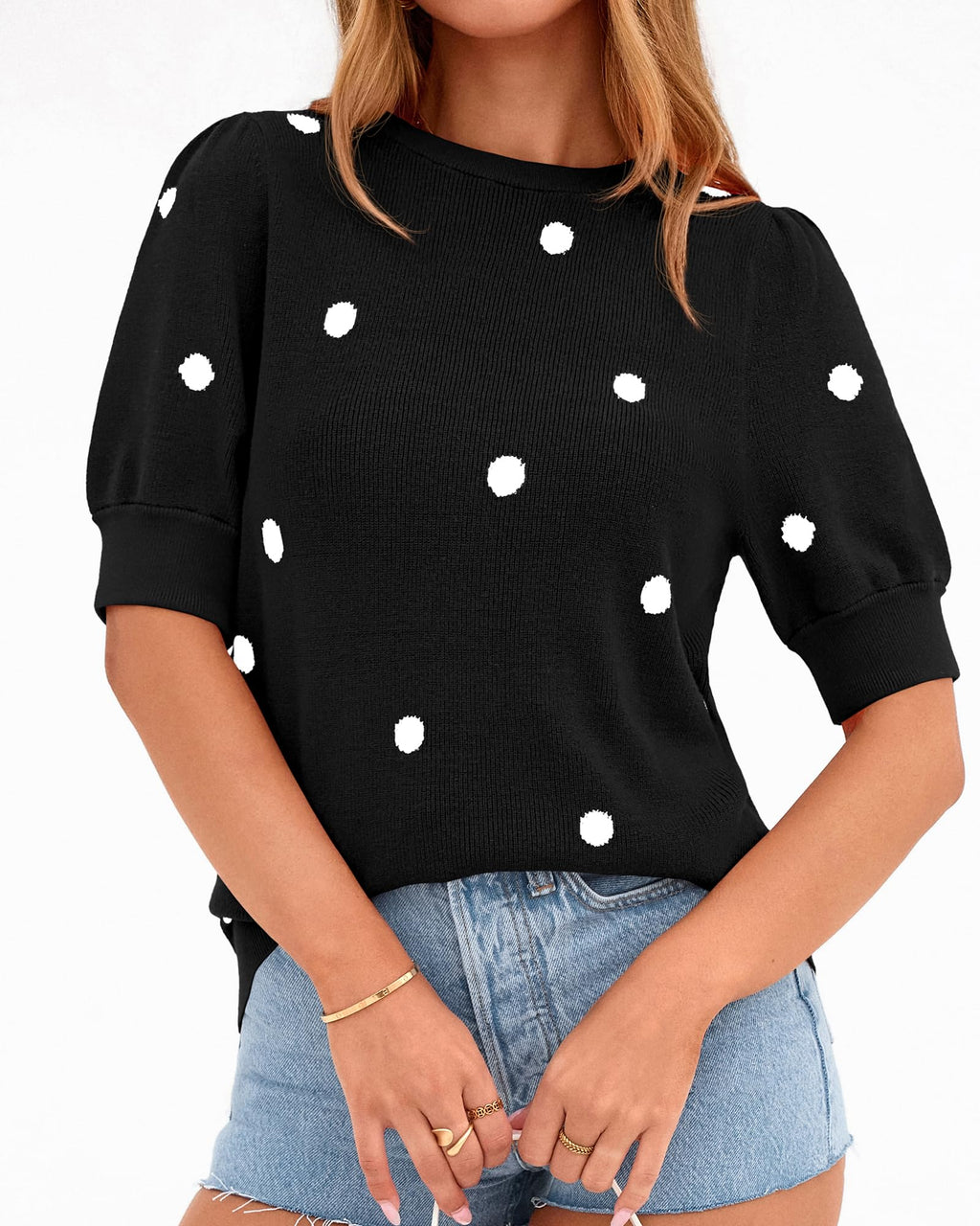BTFBM Womens Sweaters Polka Dot Short Sleeve Sweater for Women Crew Neck Knit Summer Tops Business Dressy Casual Blouses