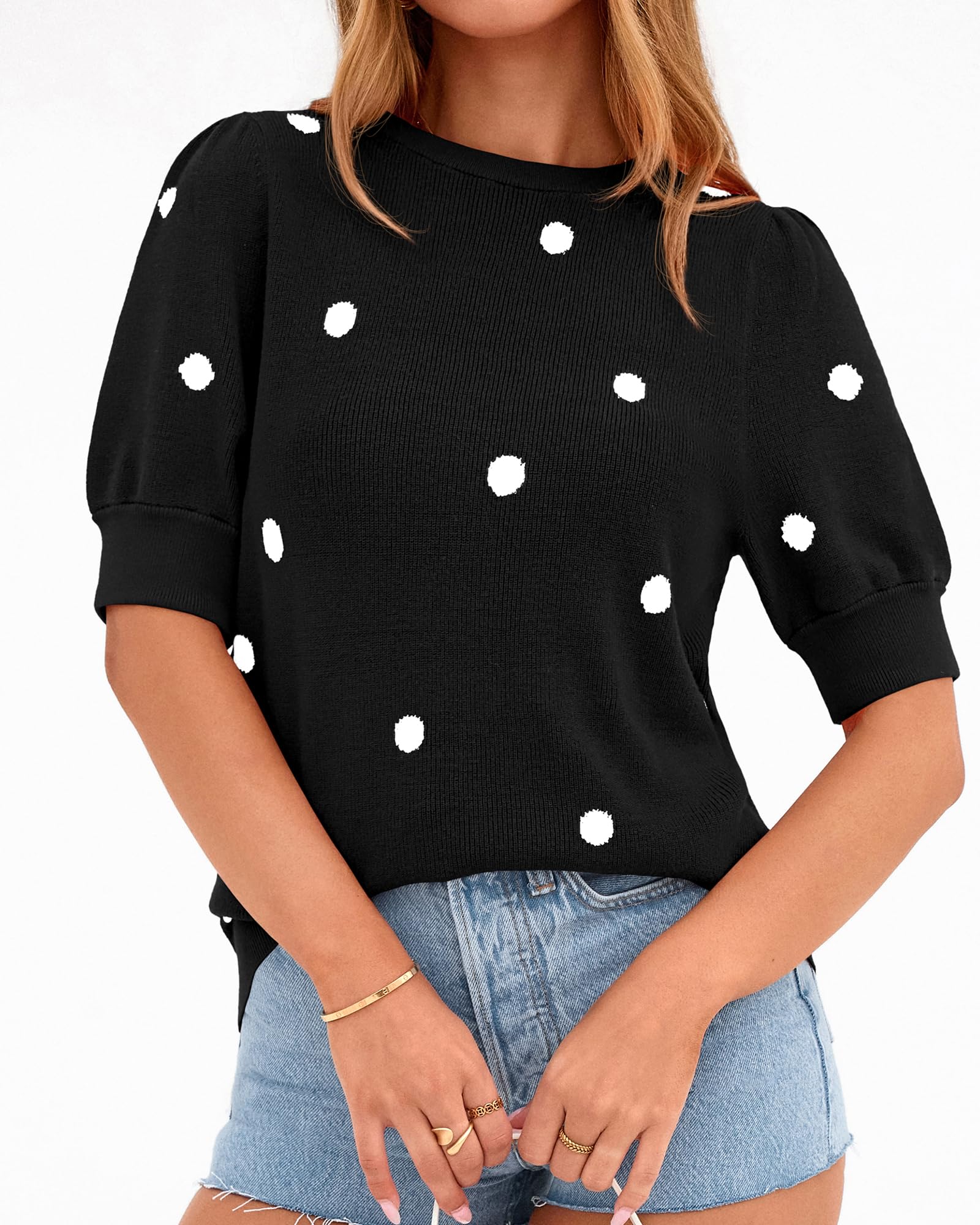 BTFBM Womens Sweaters Polka Dot Short Sleeve Sweater for Women Crew Neck Knit Summer Tops Business Dressy Casual Blouses