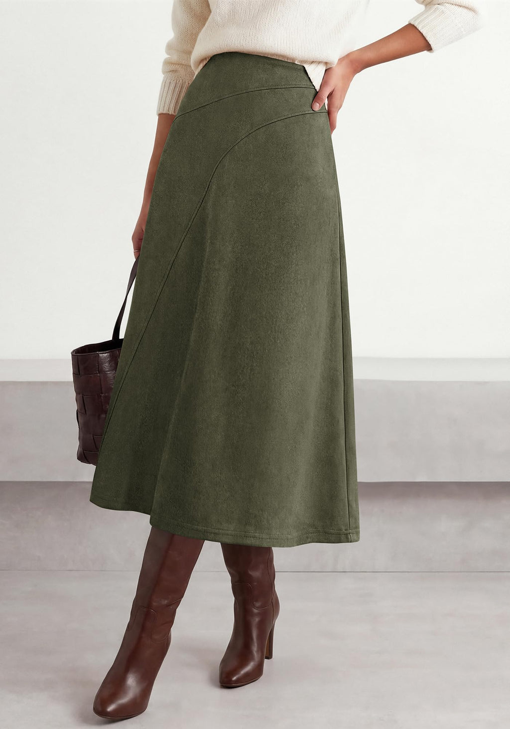 BTFBM Women Faux Suede Midi Long Skirt Fall Fashion | High Waisted Skirts For Women Trendy, Lightweight, Back Elastic, Arc Line Design, A-Line, Winter Dress, Boho Western Outfits