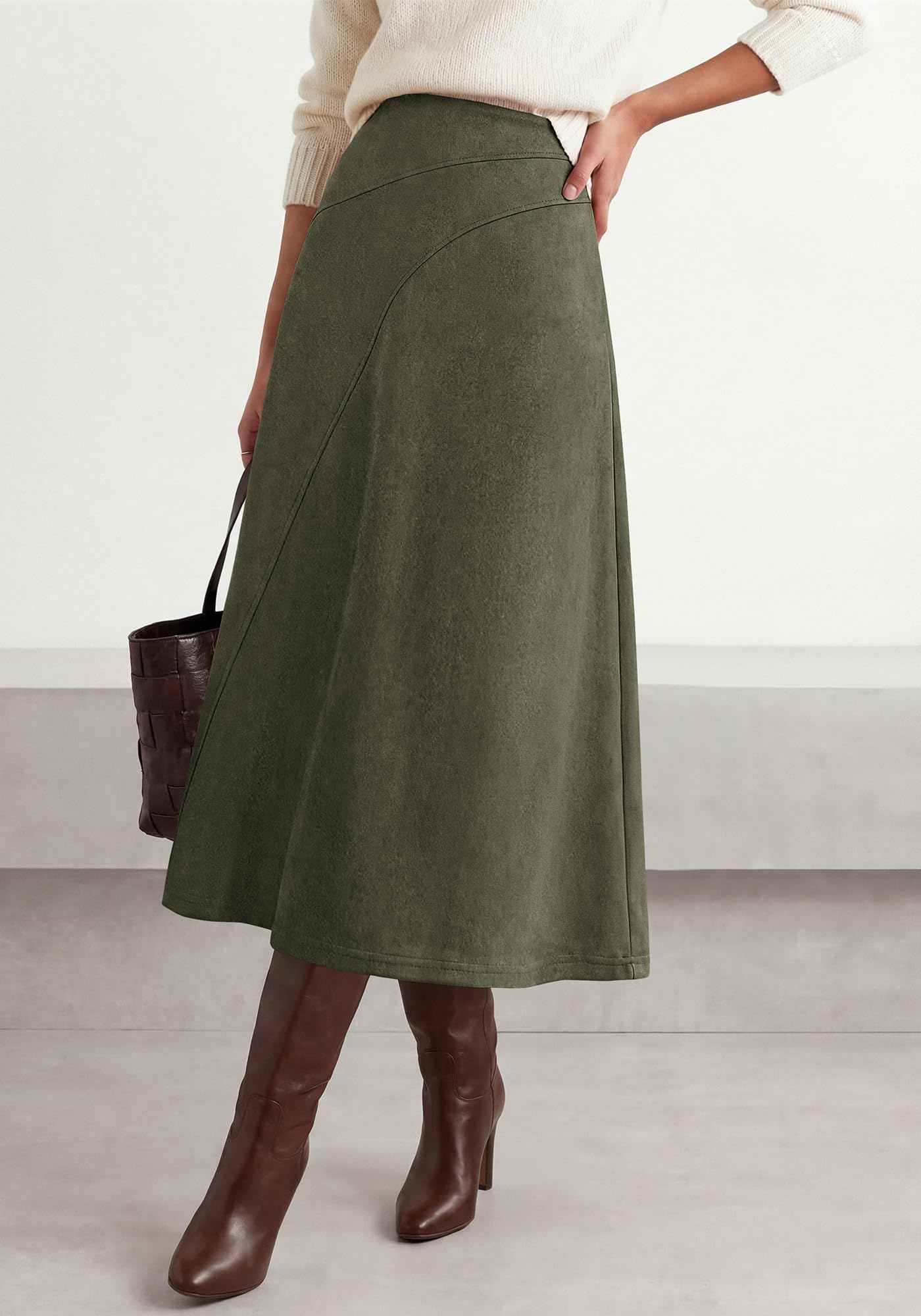 BTFBM Women Faux Suede Midi Long Skirt Fall Fashion | High Waisted Skirts For Women Trendy, Lightweight, Back Elastic, Arc Line Design, A-Line, Winter Dress, Boho Western Outfits