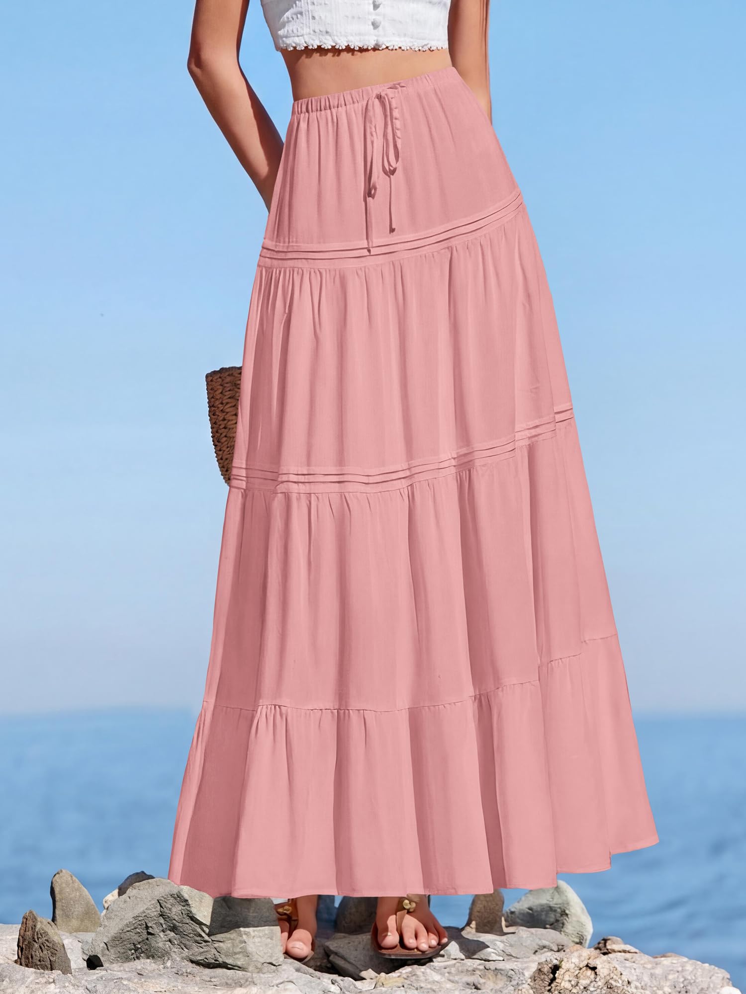 BTFBM Spring Skirts for Women Summer Boho Beach Vacation Clothes Casual Pleated High Waisted Flowy Maxi Skirt