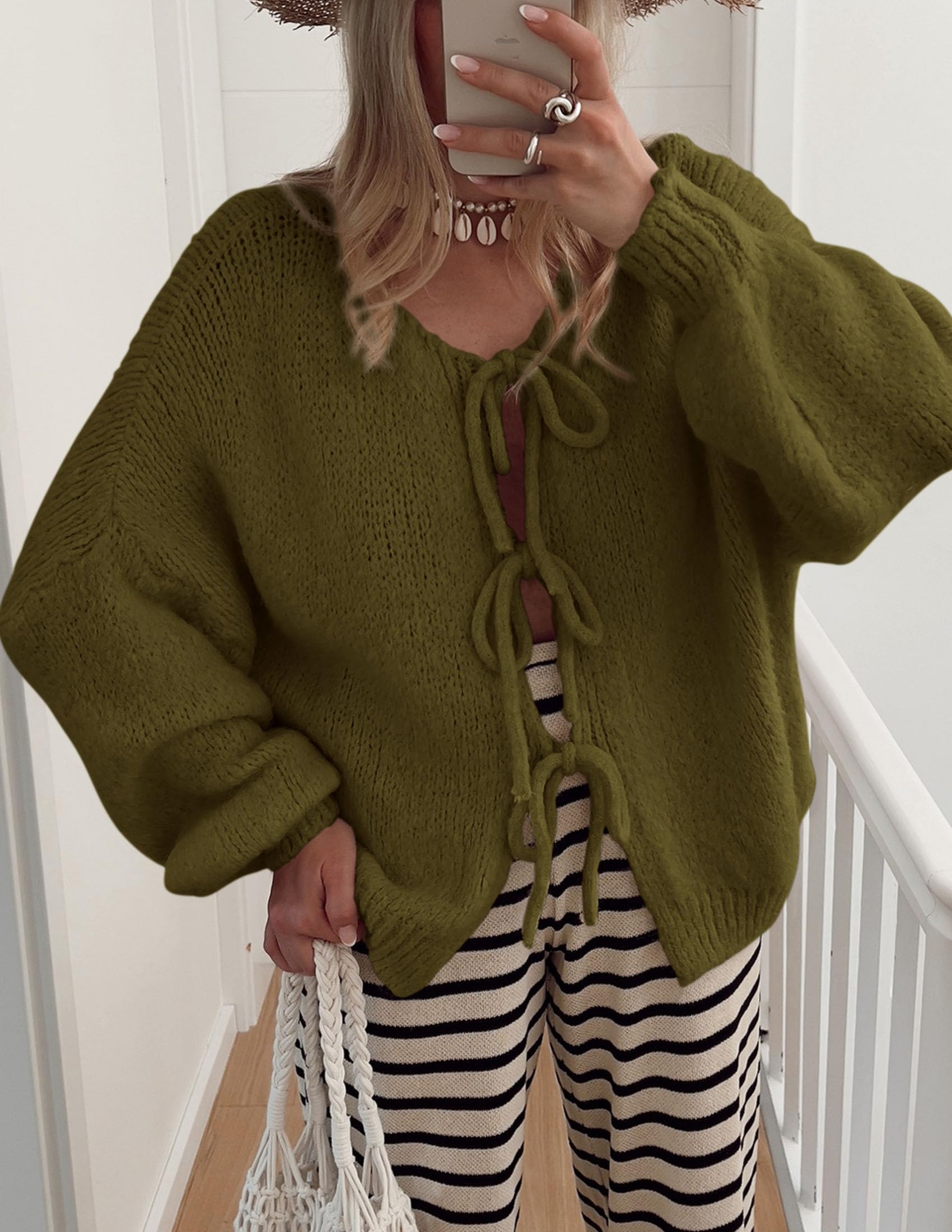 PRETTYGARDEN Women's Tie Front Bow Cardigan Sweaters Chunky Knit Long Puff Sleeve Trendy Fall Winter Jacket Coat