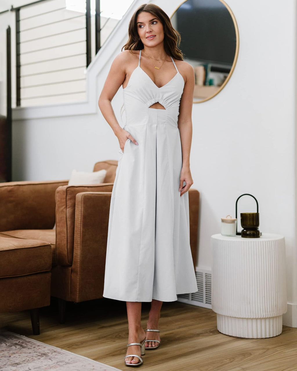 FreshPretty Women Summer Spaghetti Strap Midi Dress Sleeveless V Neck Cutout Slit Casual Beach Party Maxi Dresses Pockets