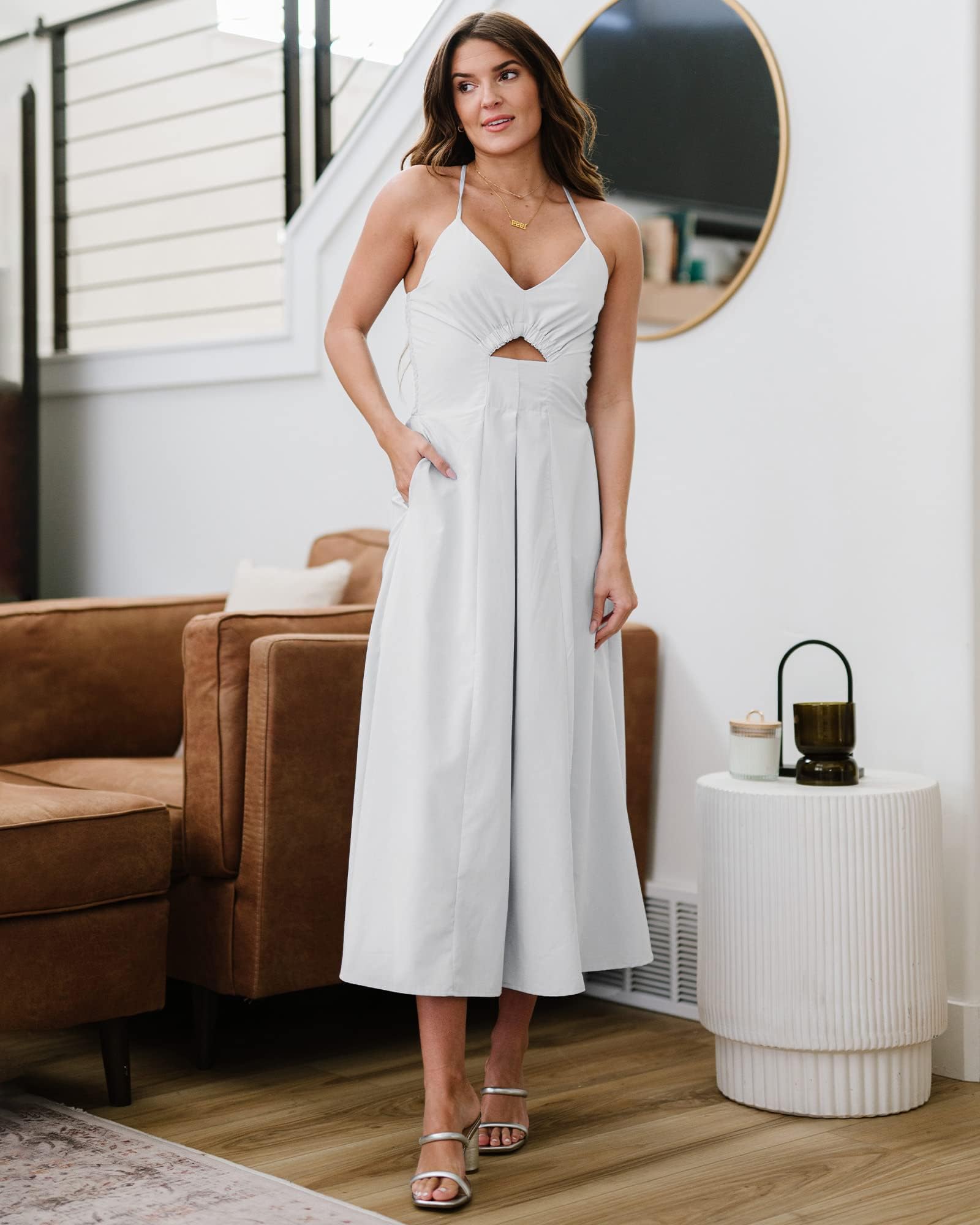 FreshPretty Women Summer Spaghetti Strap Midi Dress Sleeveless V Neck Cutout Slit Casual Beach Party Maxi Dresses Pockets