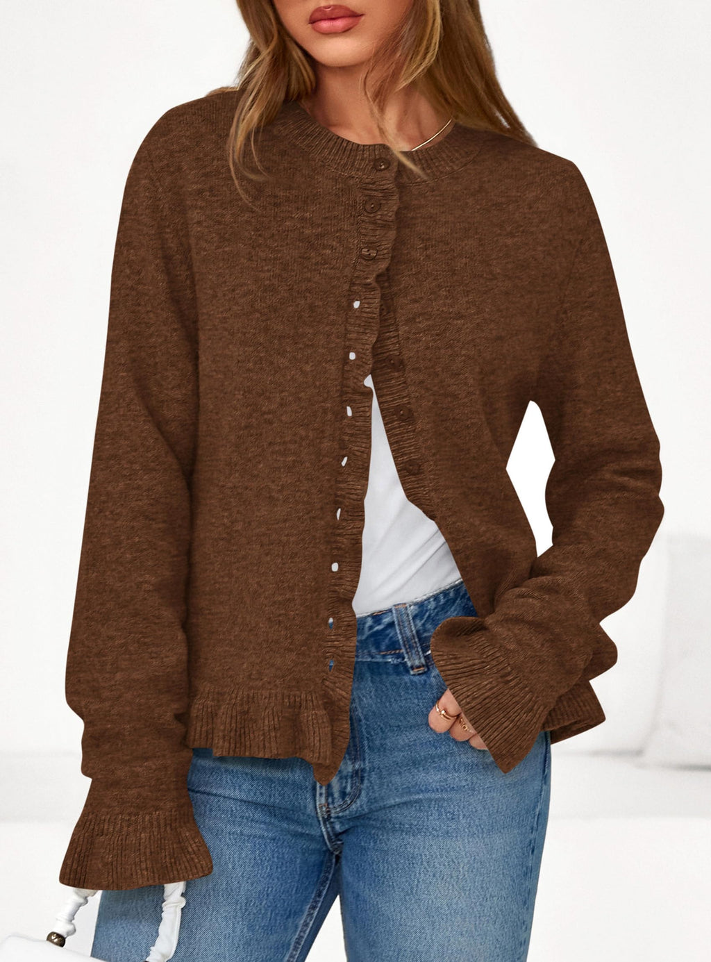 PRETTYGARDEN Womens Fall Button Down Cardigans Chunky Knit Ruffle Open Front Cropped Cardigan Sweaters Soft Long Sleeve Tops