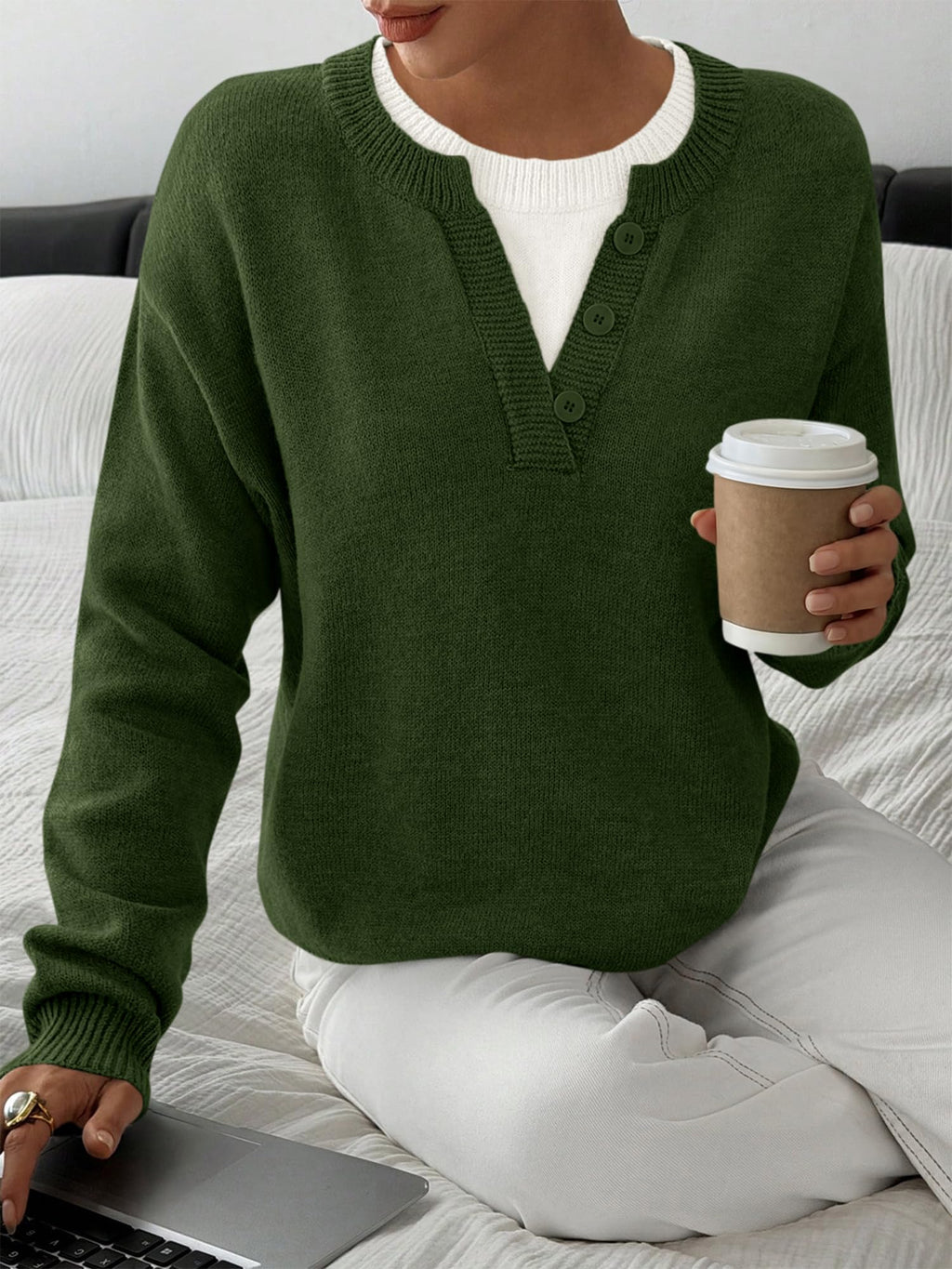 BTFBM Women Long Sleeve Crew Neck Sweaters Tops, 2 in1 Knitted Pullover, Deco Buttons, Oversized, Stretchy, Vacation, Business Casual Outfits, Fall Winter Trendy