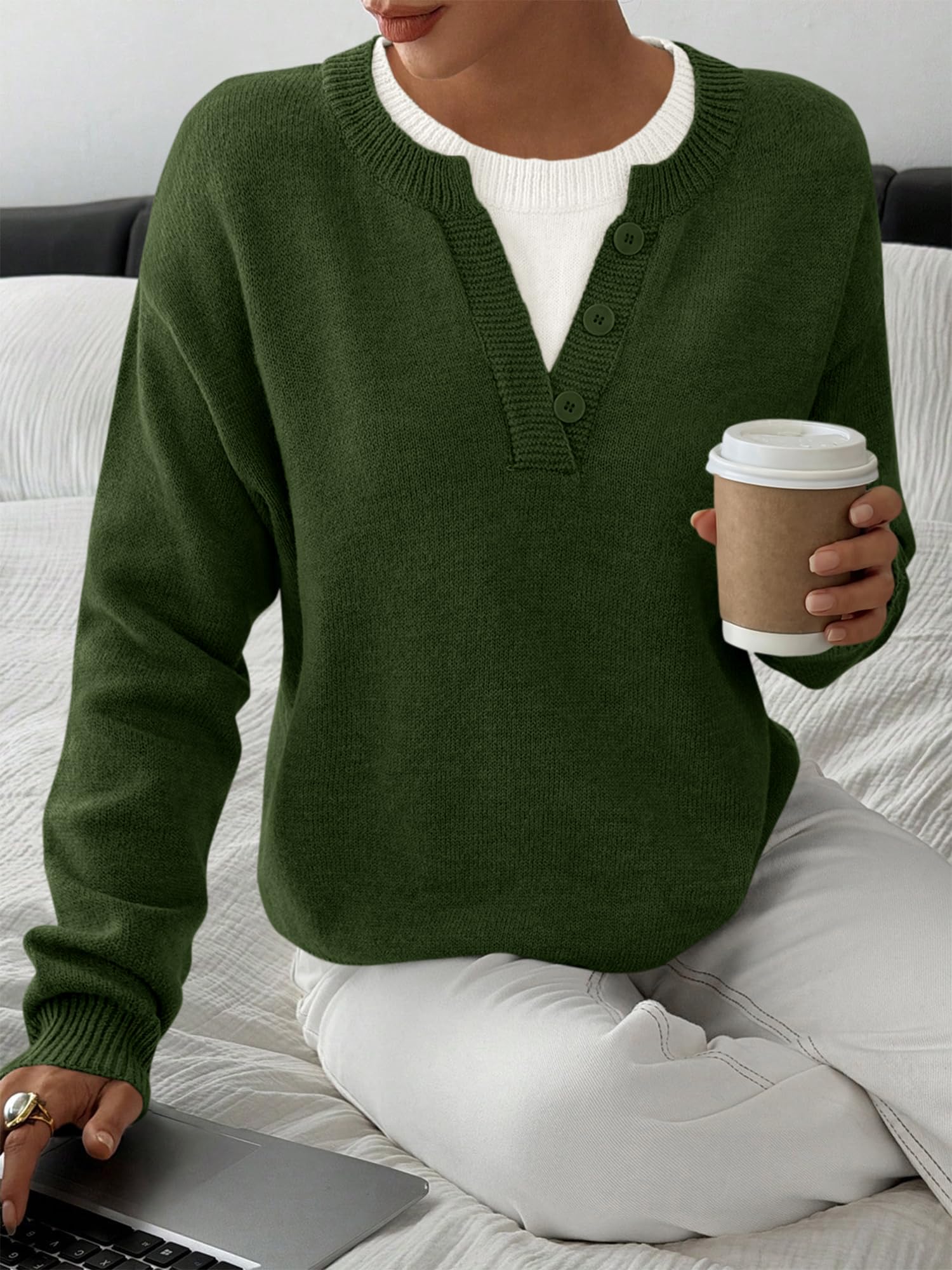 BTFBM Women Long Sleeve Crew Neck Sweaters Tops, 2 in1 Knitted Pullover, Deco Buttons, Oversized, Stretchy, Vacation, Business Casual Outfits, Fall Winter Trendy