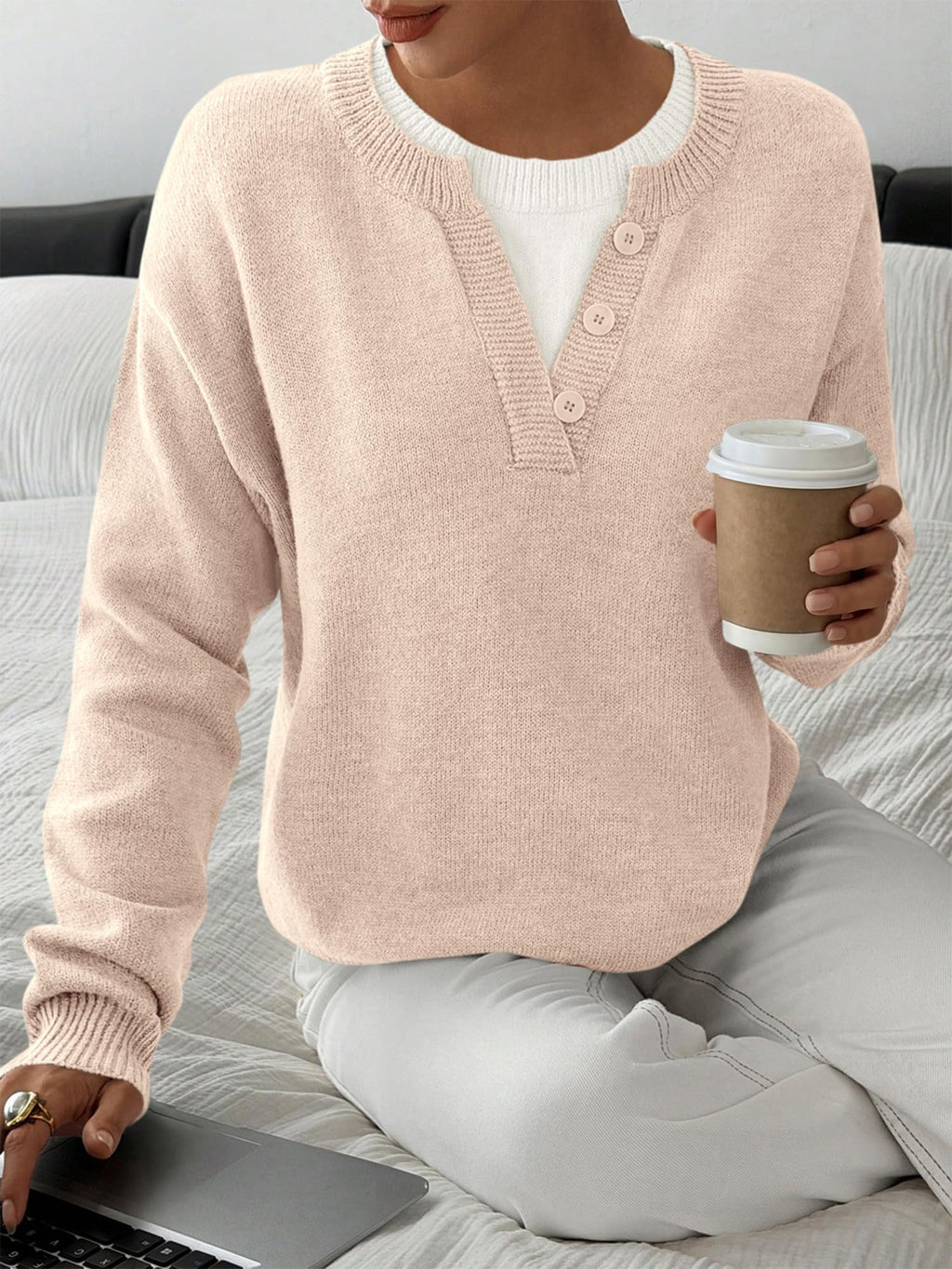BTFBM Women Long Sleeve Crew Neck Sweaters Tops, 2 in1 Knitted Pullover, Deco Buttons, Oversized, Stretchy, Vacation, Business Casual Outfits, Fall Winter Trendy