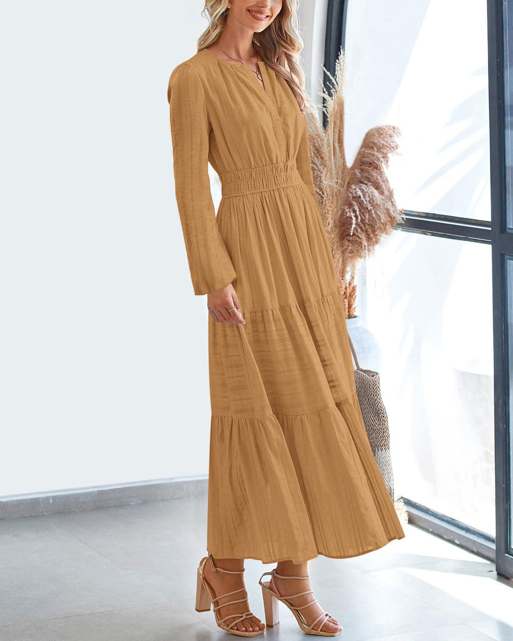 BTFBM Spring Dresses for Women 2026 Casual Long Sleeve V Neck Elastic Waist Lightweight Maxi Wedding Guest Dress Pockets