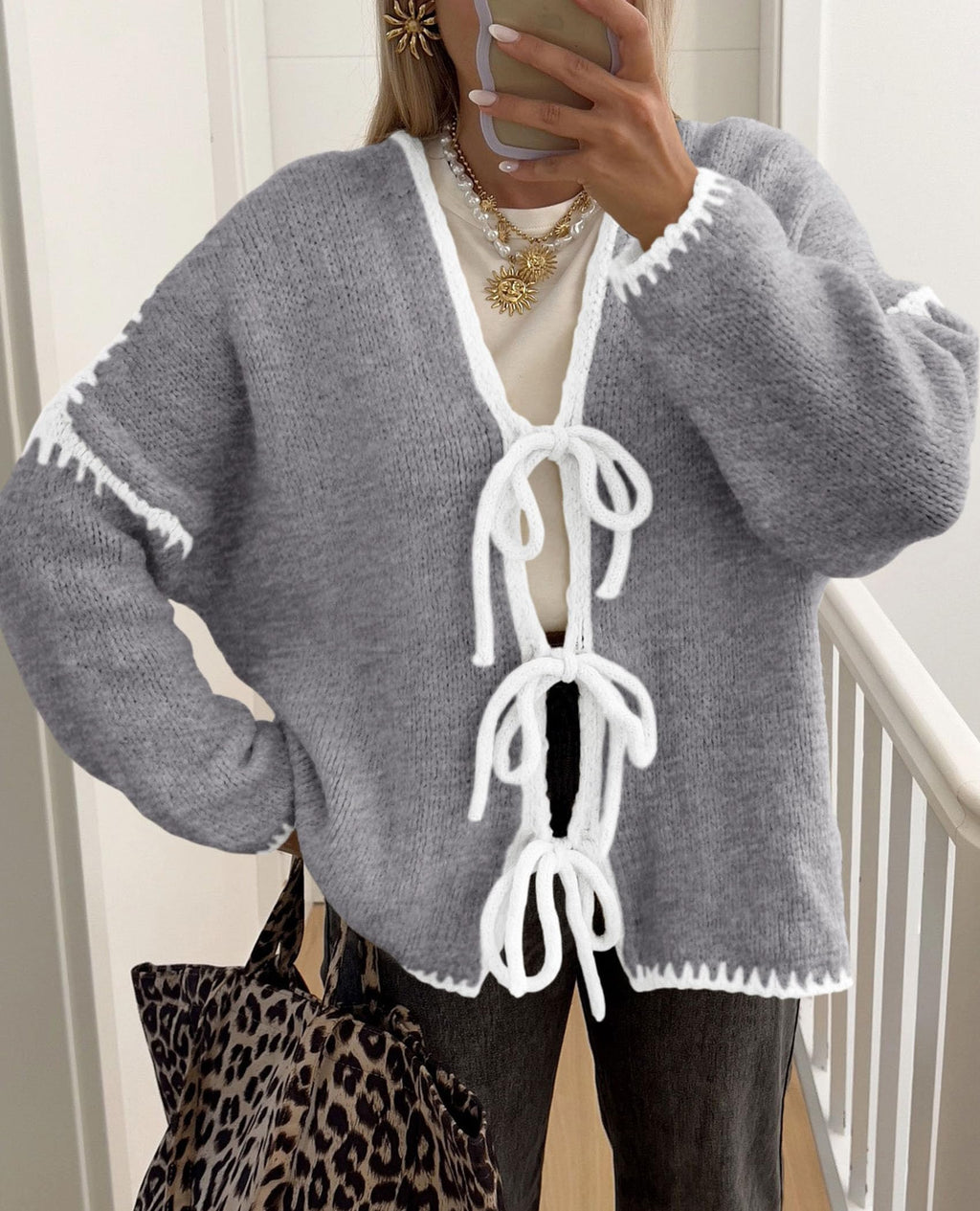 PRETTYGARDEN Women's Tie Front Bow Cardigan Sweaters Chunky Knit Long Puff Sleeve Trendy Fall Winter Jacket Coat