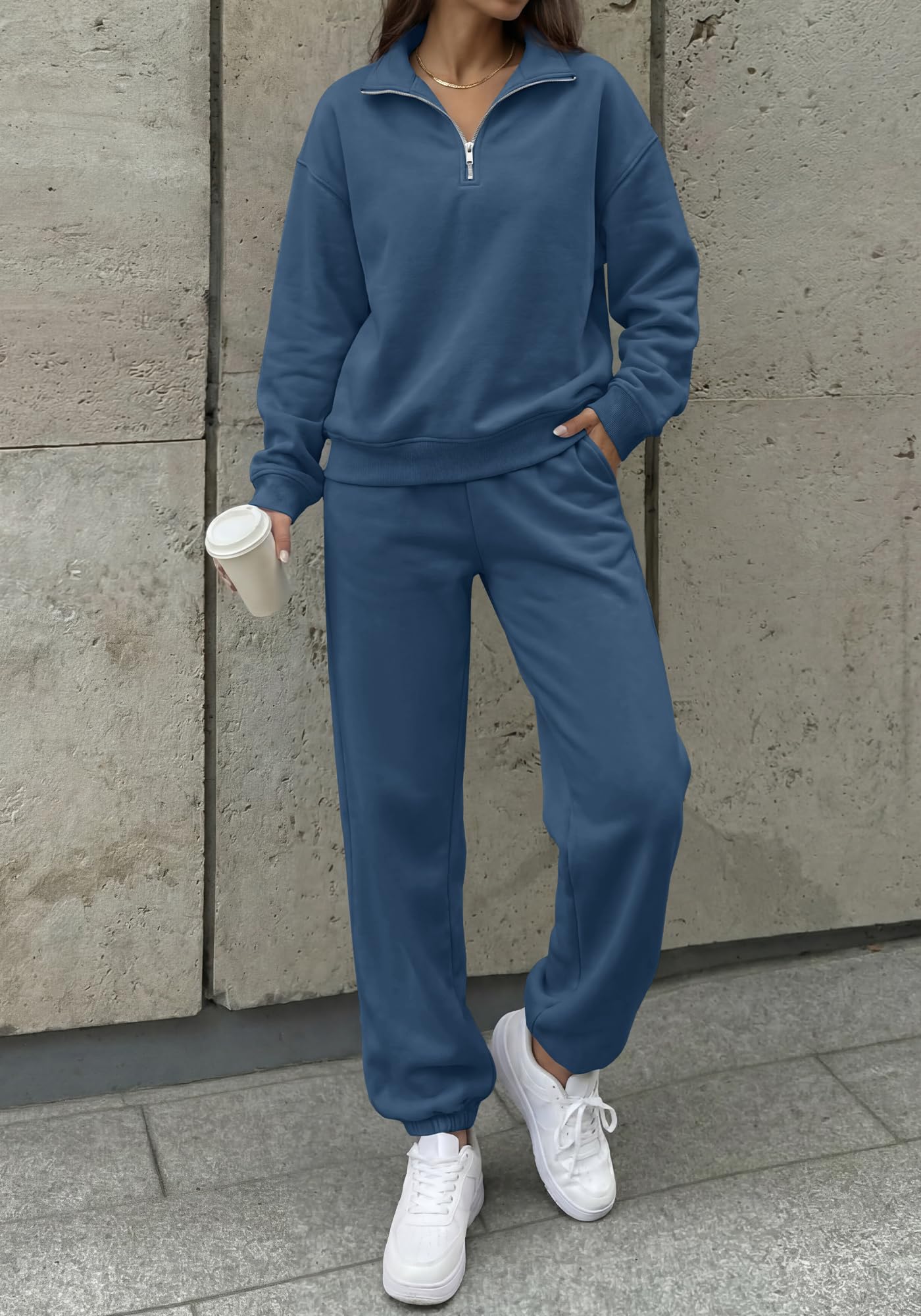 BTFBM Womens 2 Piece Outfits Sweatsuit Fleece Lounge Sets Quarter Zip Pullover Sweatshirt,Baggy Jogger Sweatpants,Fall Fashion Clothing,Airport Travel Matching Sweat Set