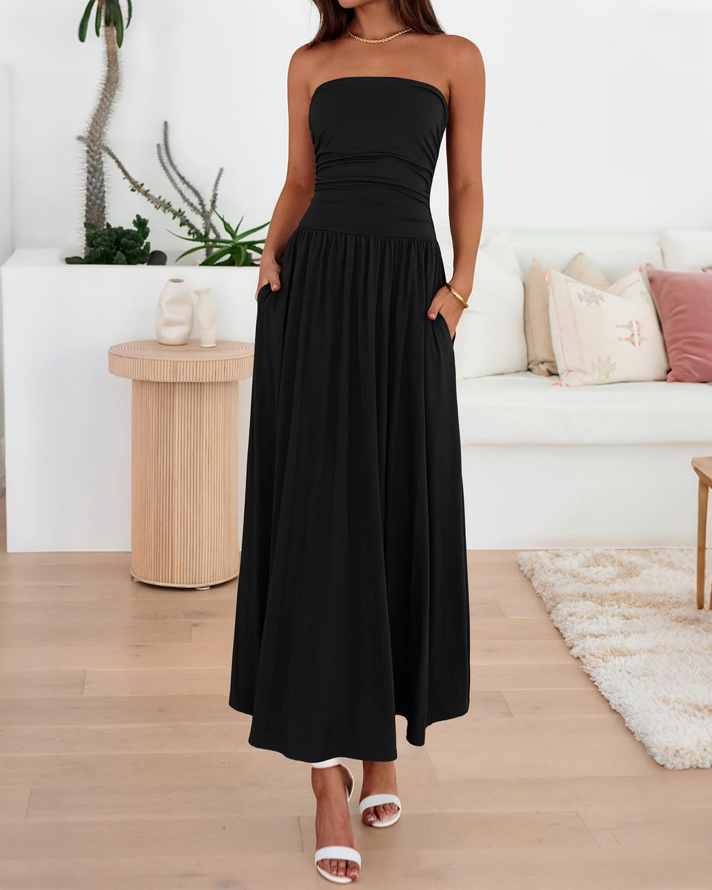 BTFBM Summer Maxi Dresses for Women Strapless Ruched Tube Top Beach Vacation Spring Wedding Guest Dress Pockets