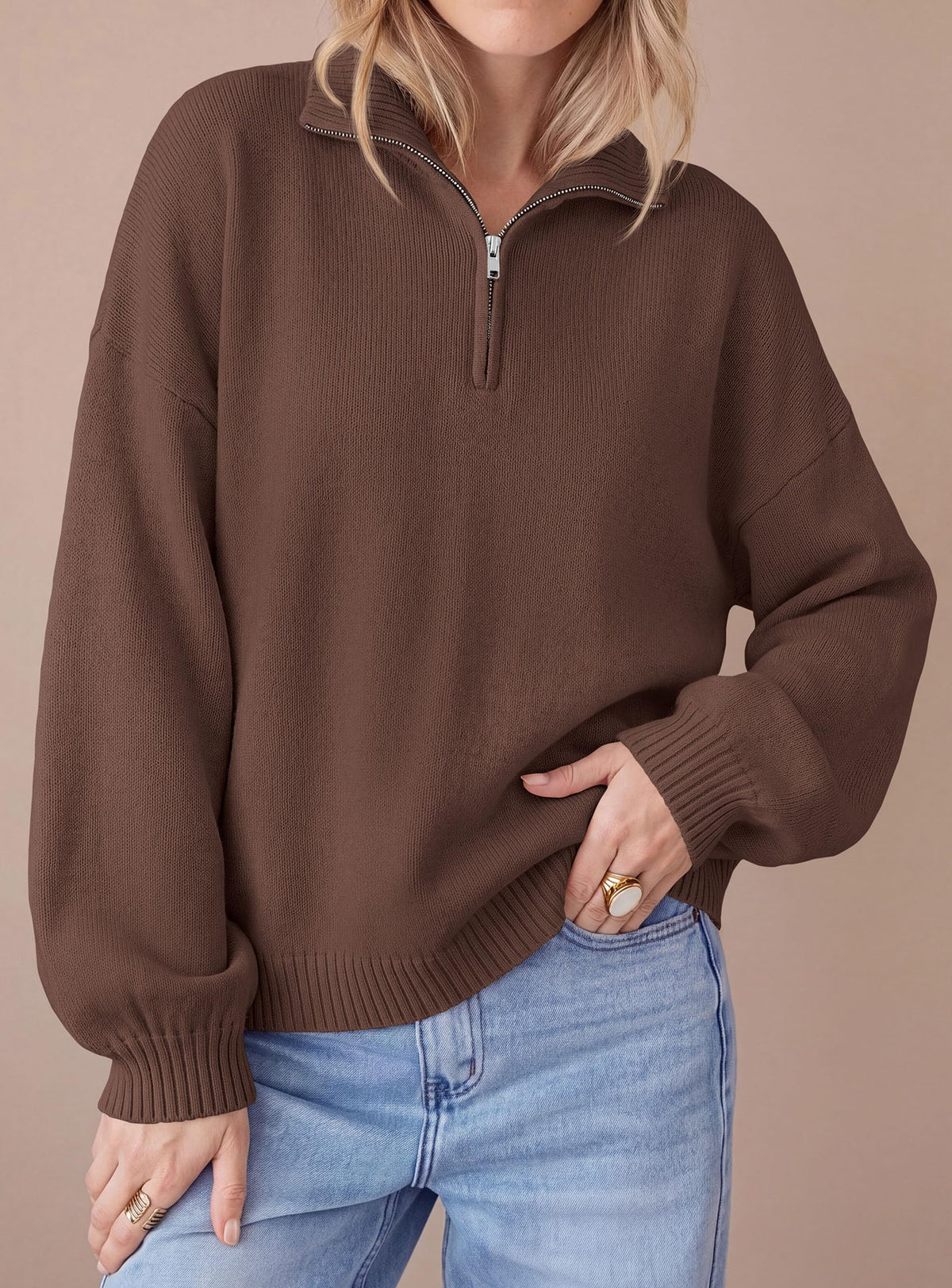 PRETTYGARDEN Women's Quarter Zip Pullover Oversized Sweaters Collared Neck, Long Balloon Sleeve, Jumper Tops, Soft Cozy Knit, Ribbed Hem, Loose Fit, Fall Outfits, Winter Fashion Clothing