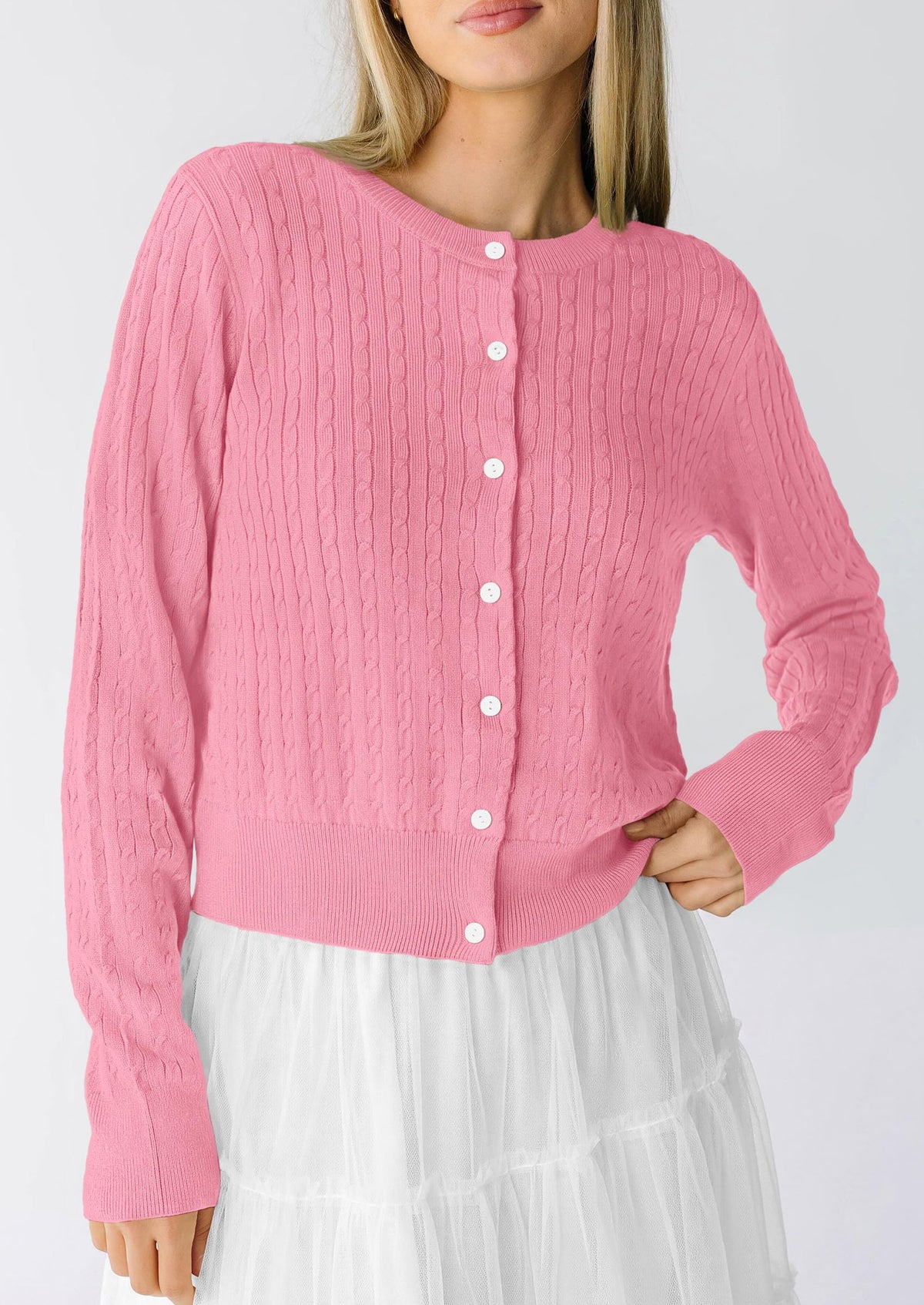 PRETTYGARDEN Women Lightweight Button Up Cardigan Sweaters | Soft Stretchy, Cozy Cable Knit, Long Sleeve Crew Neck, Trendy Cardigans, Cute Casual Outfits, Early Fall Fashion Clothing