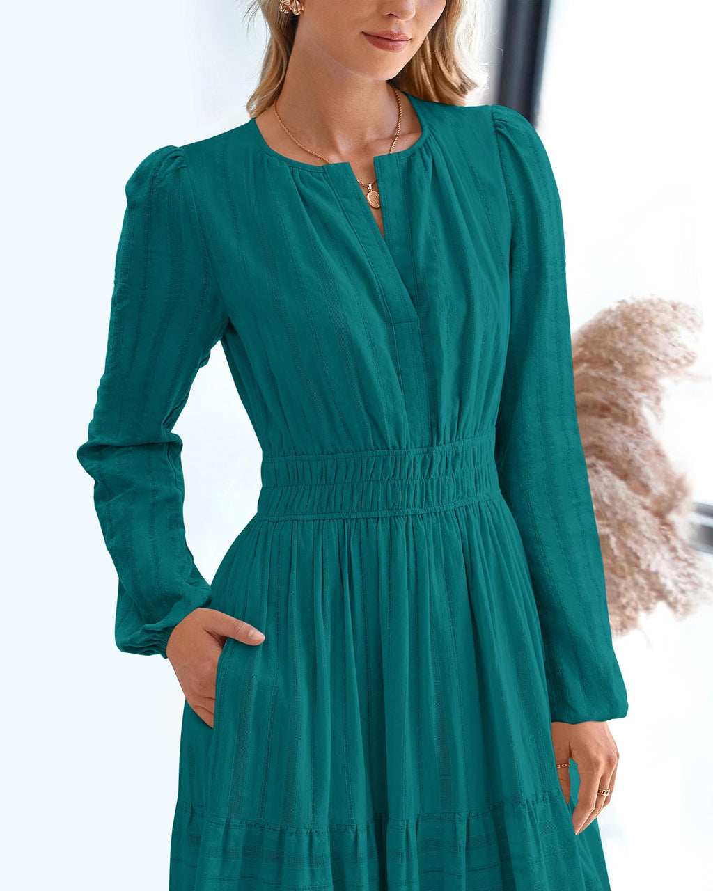 BTFBM Spring Dresses for Women 2026 Casual Long Sleeve V Neck Elastic Waist Lightweight Maxi Wedding Guest Dress Pockets