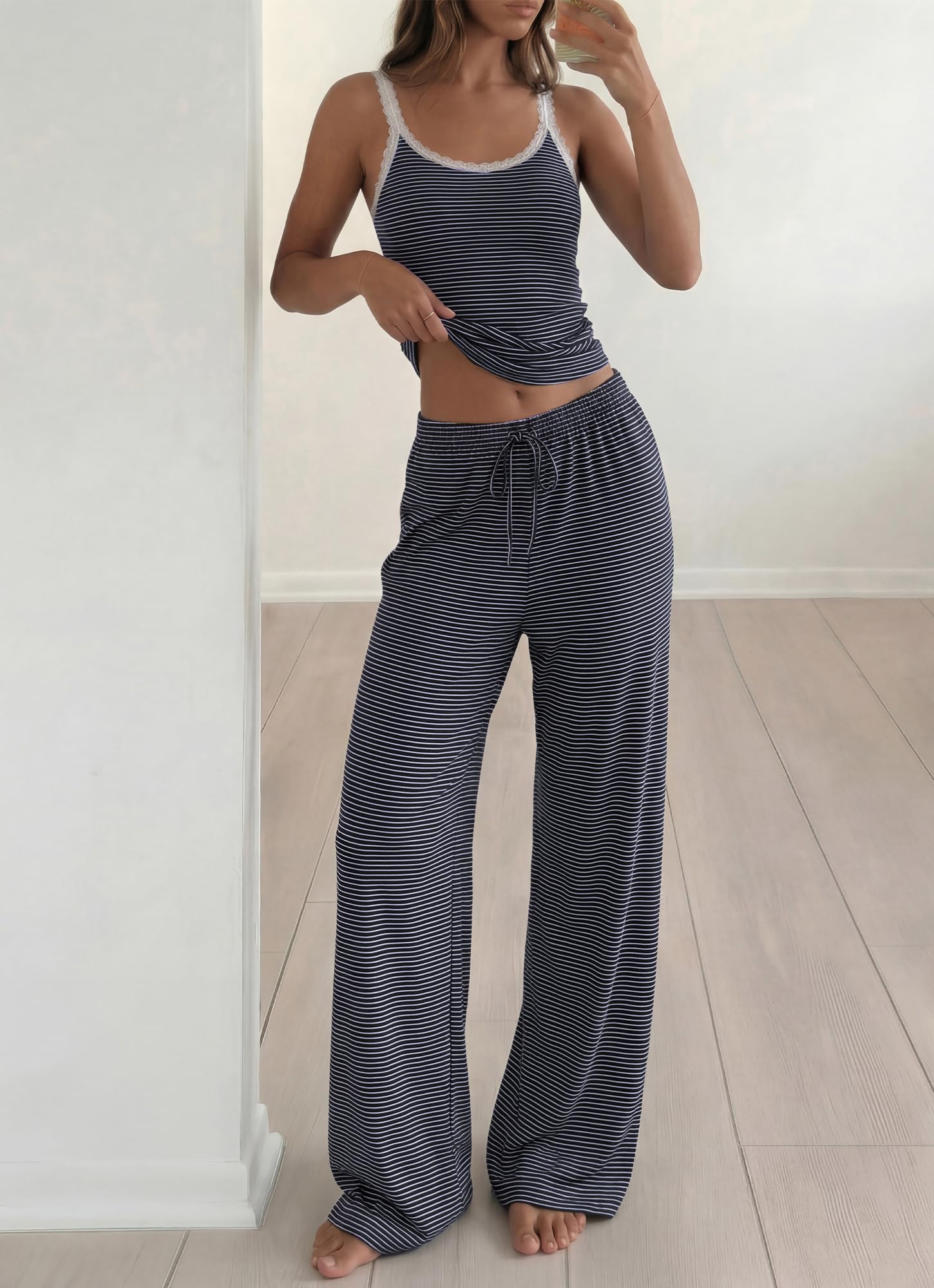 BTFBM Lounge Sets For Women Striped 2 Piece Pajama Sets Spaghetti Strap Tops Wide Leg Pants Beach Vacation Outfits