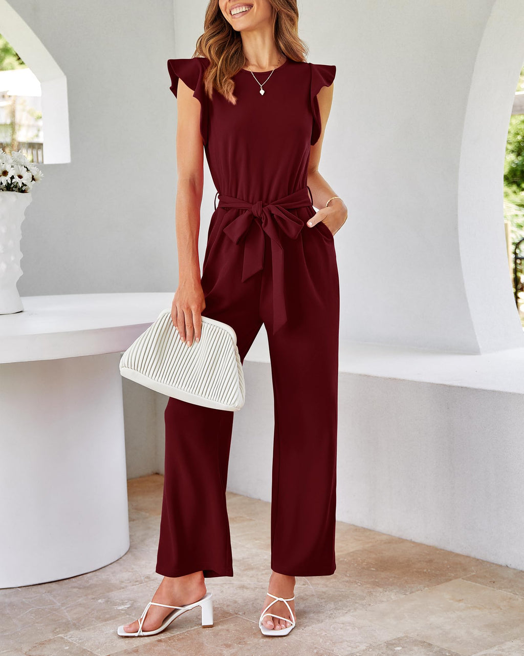 BTFBM Jumpsuits For Women Crew Neck Dressy Cap Sleeve Belted High Waist Wide Leg Romper One Piece Casual Outfits Pockets