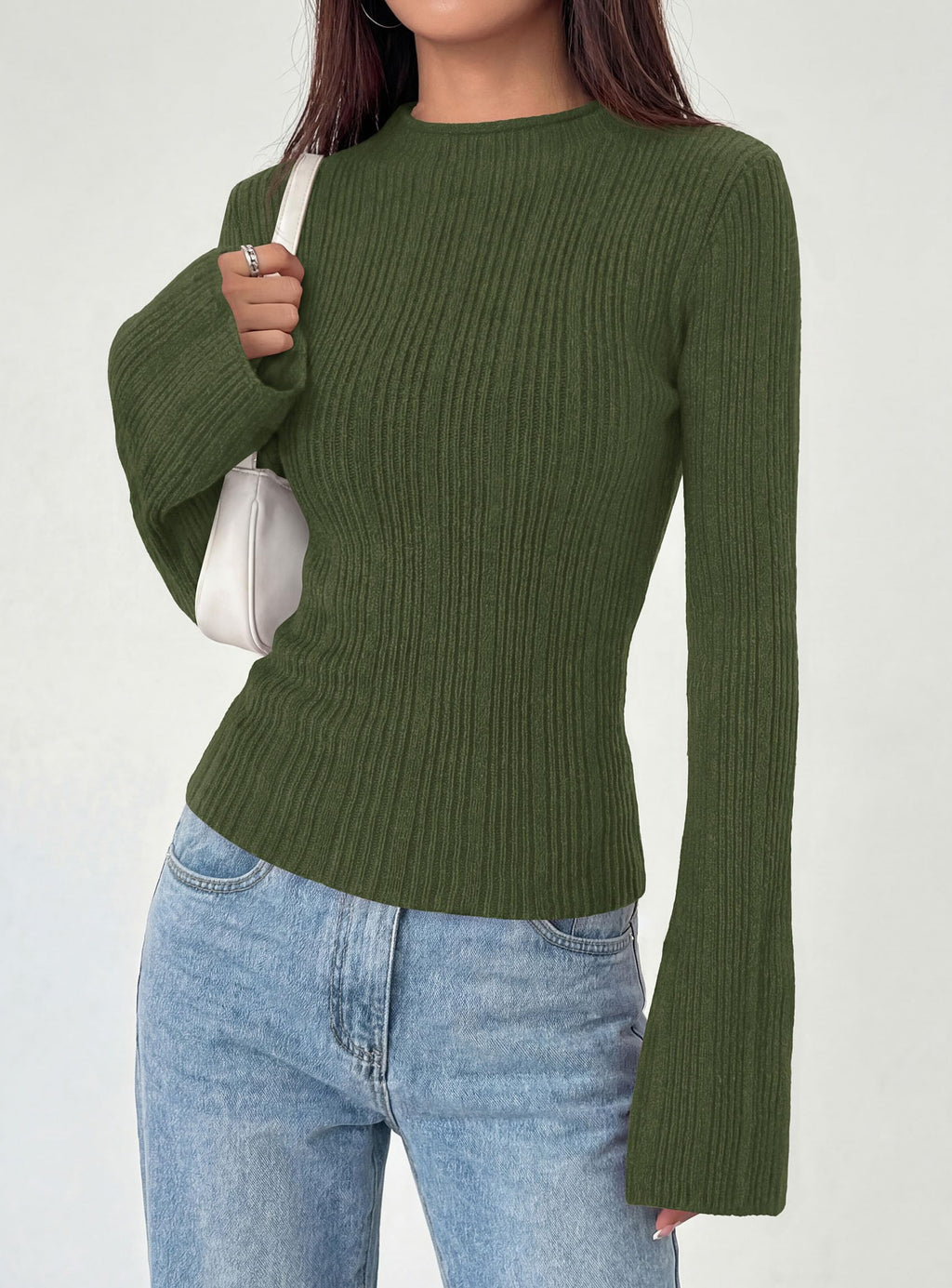 PRETTYGARDEN Women's Lightweight Mock Neck Sweaters | Bell Long Sleeve Tops, Slim Fitted Pullover, Soft Ribbed Knit, Going Out Outfits, Fall Winter Layering, Fashion Clothing