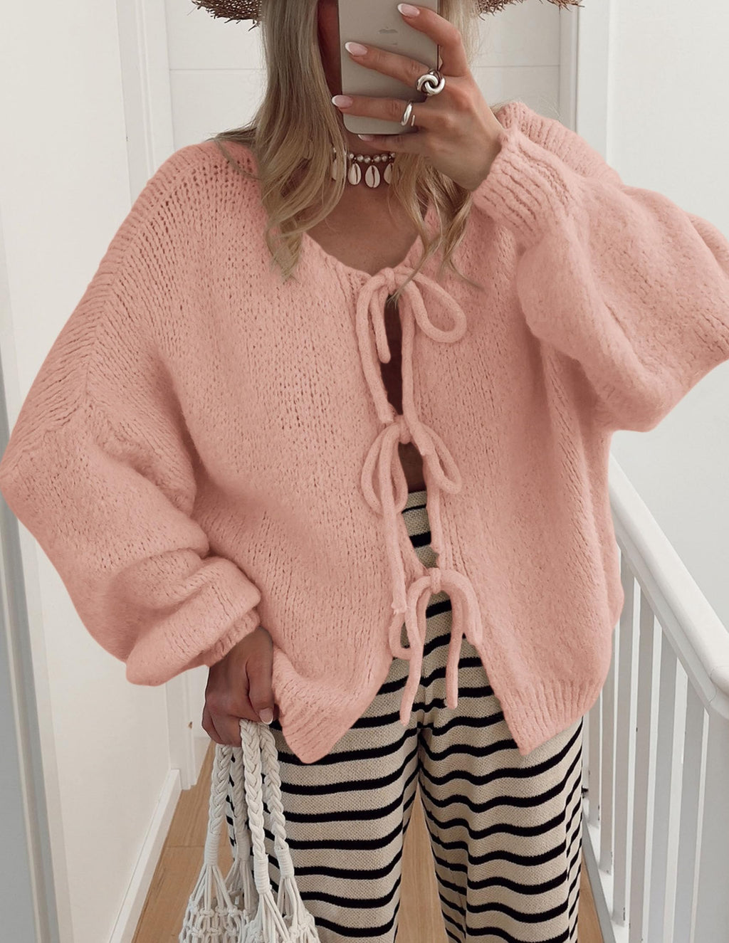 PRETTYGARDEN Women's Tie Front Bow Cardigan Sweaters Chunky Knit Long Puff Sleeve Trendy Fall Winter Jacket Coat