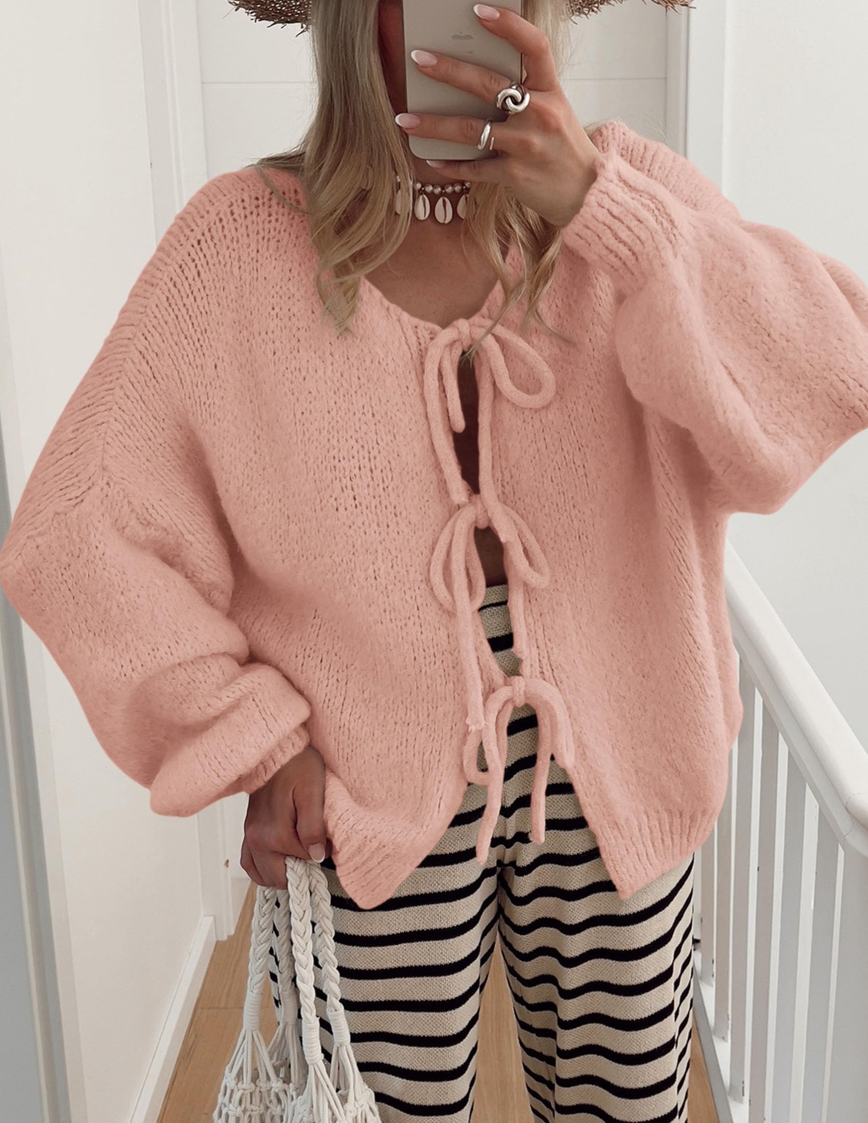 PRETTYGARDEN Women's Tie Front Bow Cardigan Sweaters Chunky Knit Long Puff Sleeve Trendy Fall Winter Jacket Coat