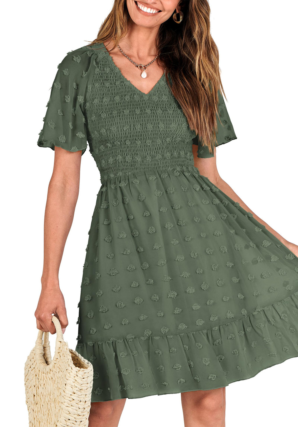 FreshPretty Womens Beach Vacation Dress Summer V Neck Short Sleeve Smocked Swiss Dot Cute Ruffle Casual Fall Mini Dresses