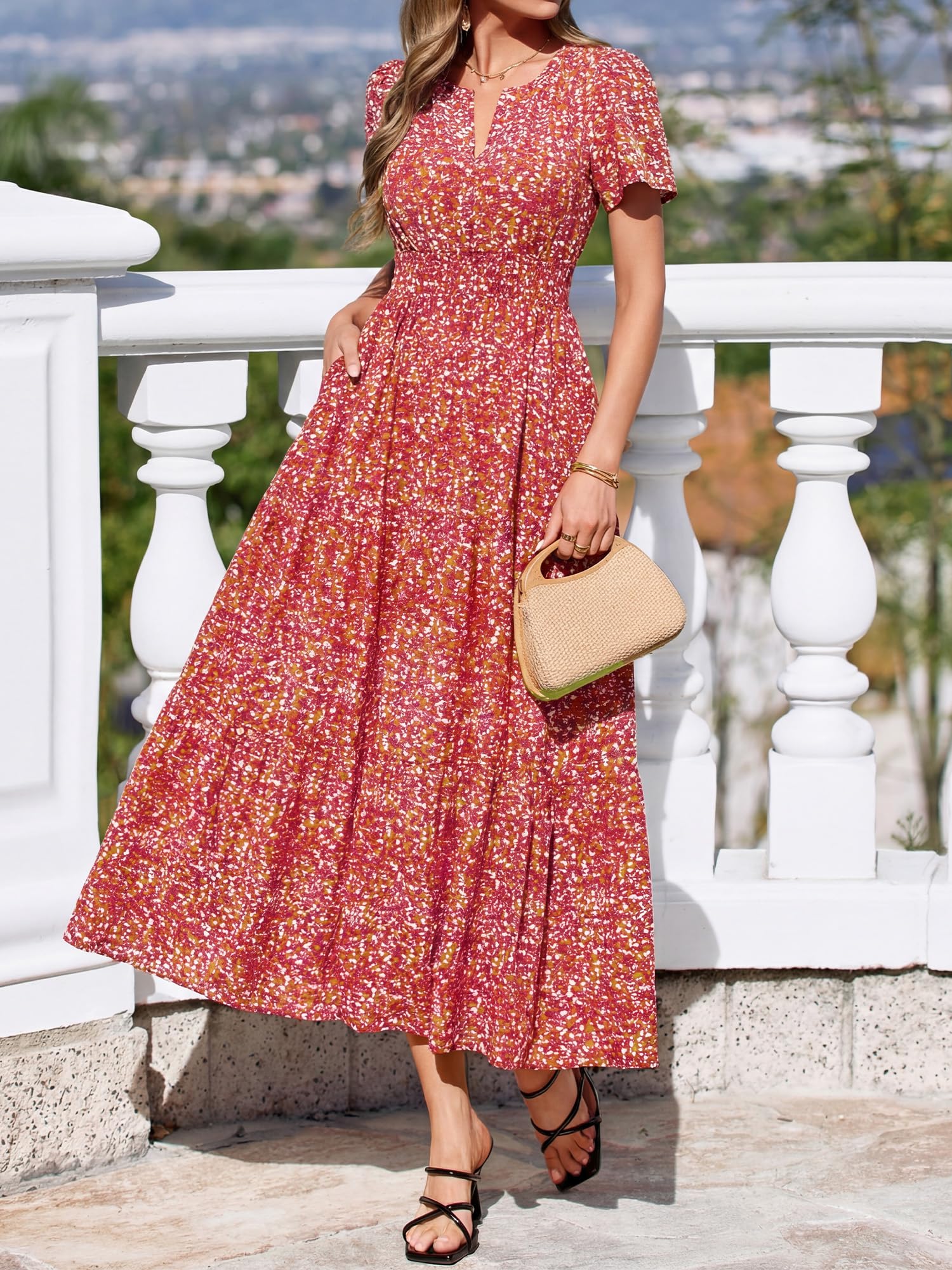BTFBM Womens Summer Floral Maxi Dresses V Neck Short Sleeve Boho Casual Flowy Long Wedding Guest Dress Beach Vacation