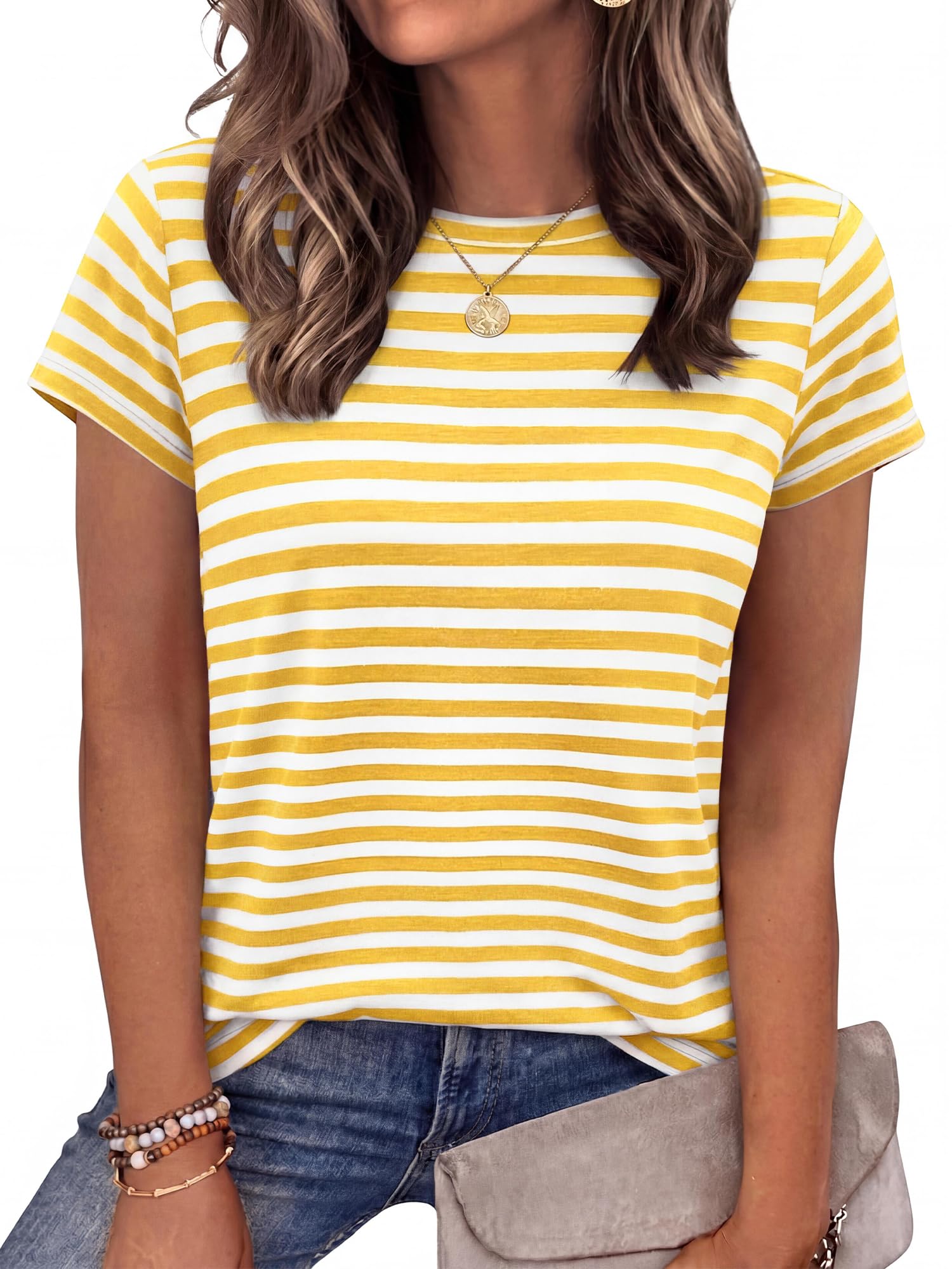 BTFBM Tops for Women Trendy Summer Crew Neck Short Sleeve T Shirts Striped Casual Vacation Blouse Basic Tee