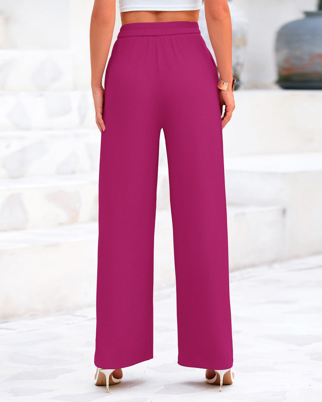 BTFBM Palazzo Pants for Women Spring Summer Clothes Pockets High Waist Casual Knit Flowy Wide Leg Trousers
