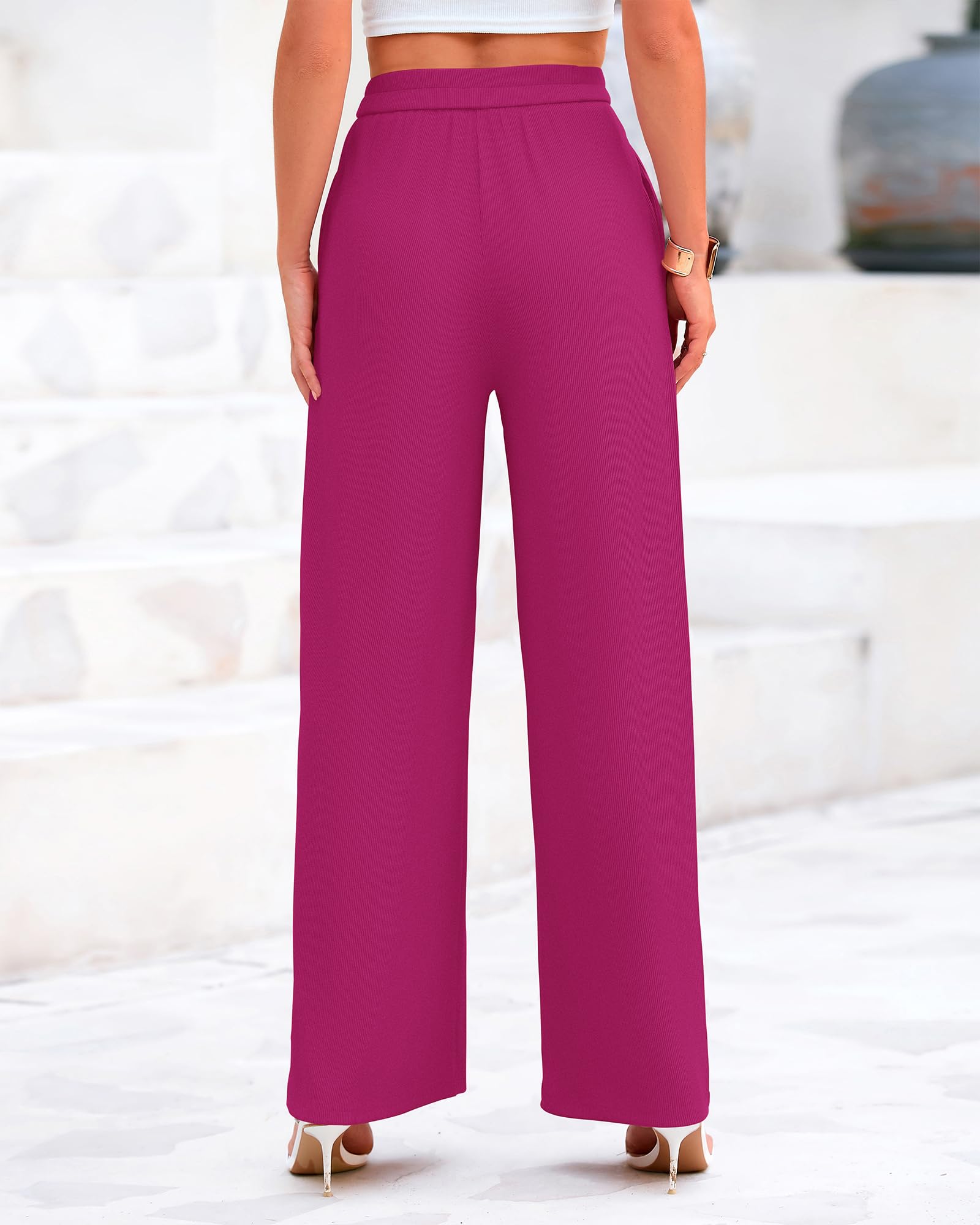 BTFBM Palazzo Pants for Women Spring Summer Clothes Pockets High Waist Casual Knit Flowy Wide Leg Trousers
