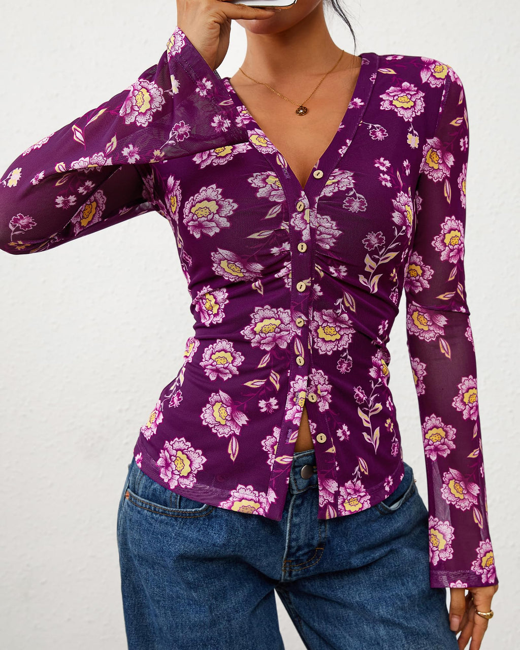 FreshPretty Button Down Shirts for Women Fall Fashion V Neck Long Sleeve Blouse Ruched Mesh Fitted Floral Print Boho Tops