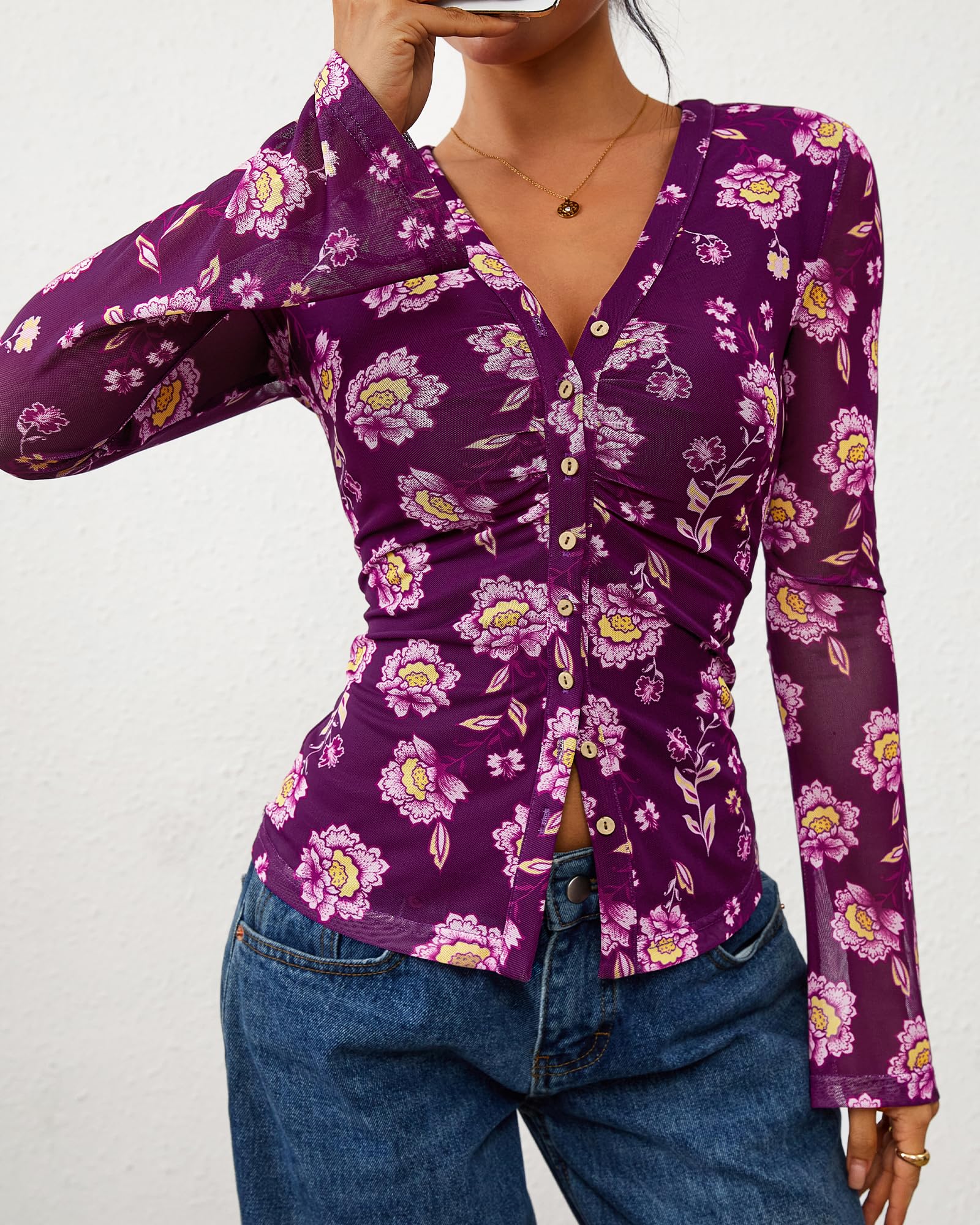 FreshPretty Button Down Shirts for Women Fall Fashion V Neck Long Sleeve Blouse Ruched Mesh Fitted Floral Print Boho Tops