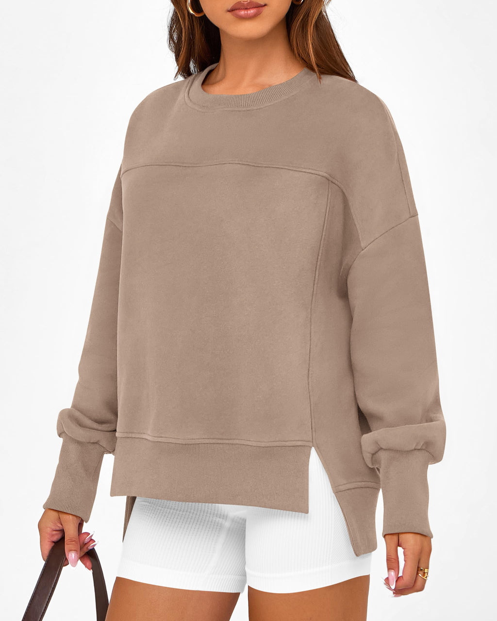 BTFBM Women's Casual Crewneck Sweatshirts Spring Long Sleeve Side Slit Workout Fleece Pullover Top Fashion Clothing
