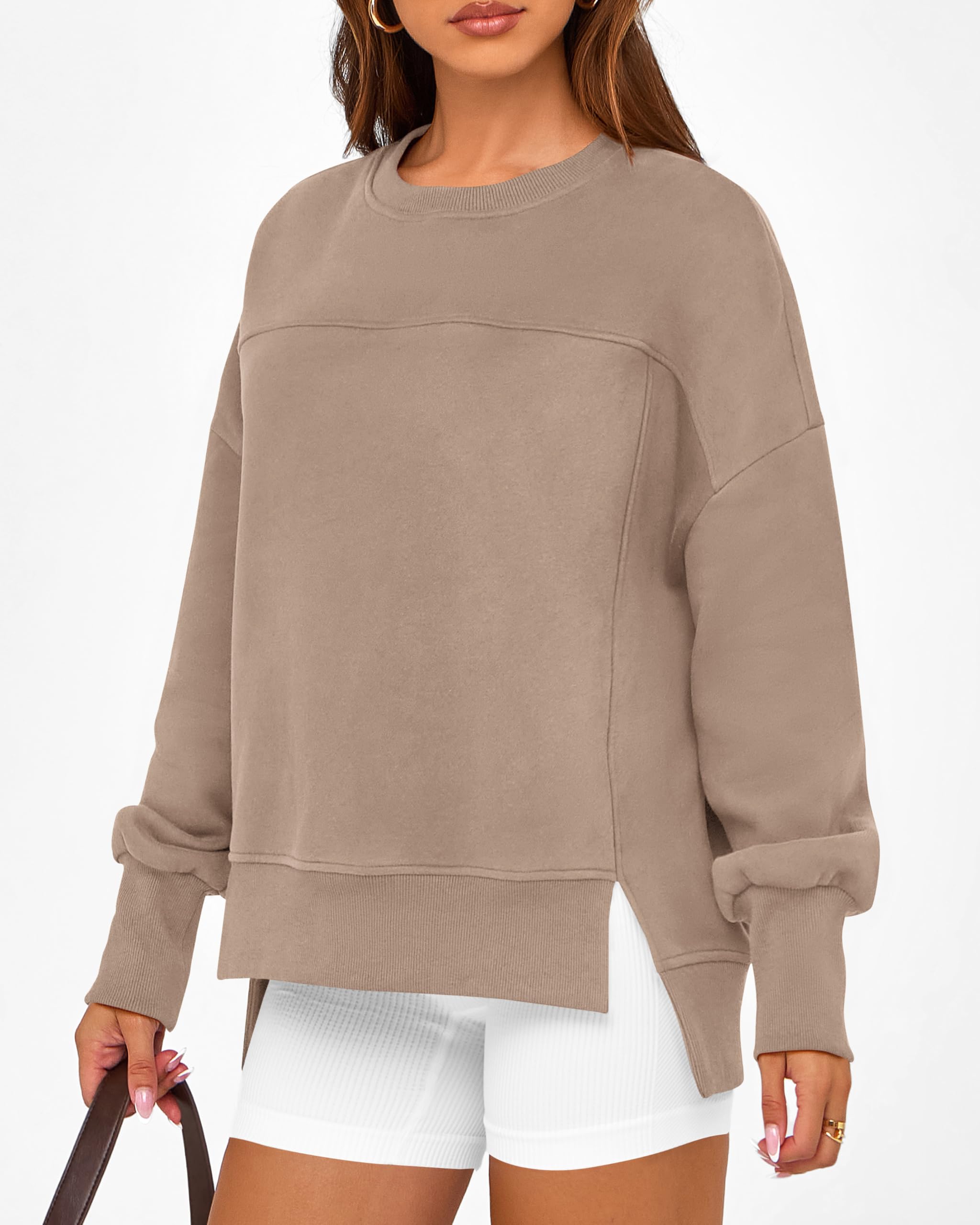 BTFBM Women's Casual Crewneck Sweatshirts Spring Long Sleeve Side Slit Workout Fleece Pullover Top Fashion Clothing