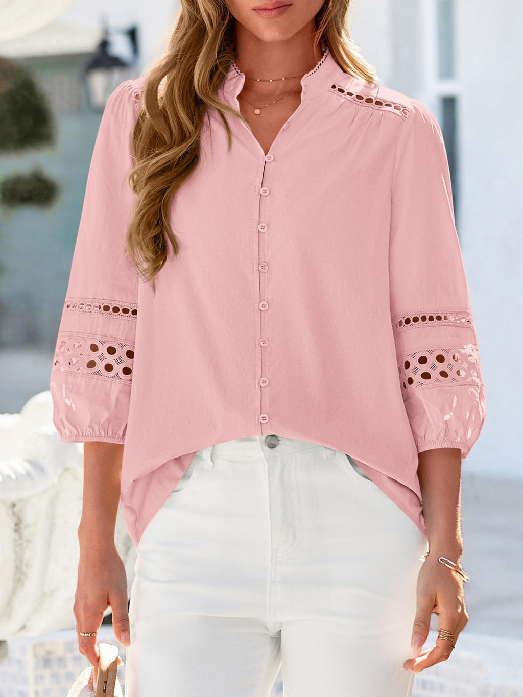 BTFBM 3/4 Length Sleeve Womens Tops Summer Blouses Eyelet Hollow Out Button Down Shirts Business Casual Outfits