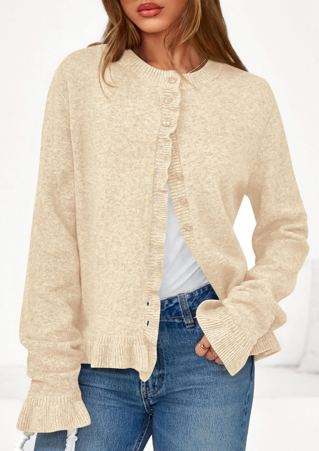 PRETTYGARDEN Womens Fall Button Down Cardigans Chunky Knit Ruffle Open Front Cropped Cardigan Sweaters Soft Long Sleeve Tops