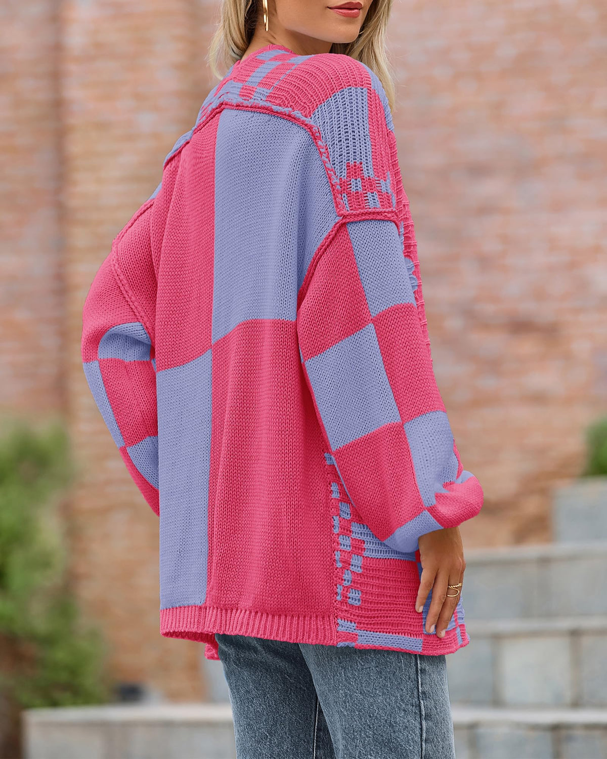 BTFBM Casual Cardigan Sweater for Women Fall Long Sleeve Sweaters Fall Outfits, Loose Fit,Solid,Open Front Chunky Knit Sweaters,Chunky Cardigan Sweaters For Women,Checkered Outwear Coat