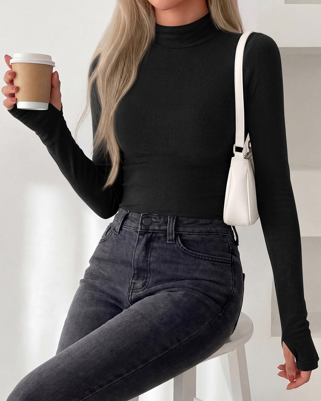 BTFBM Turtleneck Tops for Women Thumbhole Long Sleeve Shirts | Lightweight Fleece Lining, Casual Basic Layering Top, Slim Fit Stretch Winter Thermal Underwear, Fall Fashion Clothing