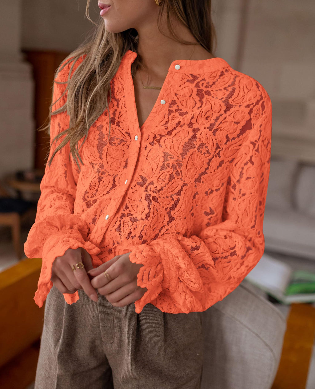 PRETTYGARDEN Women's Dressy Casual Lace Blouse Long Sleeve Button Up Shirts Tops Spring Fall Fashion Clothes